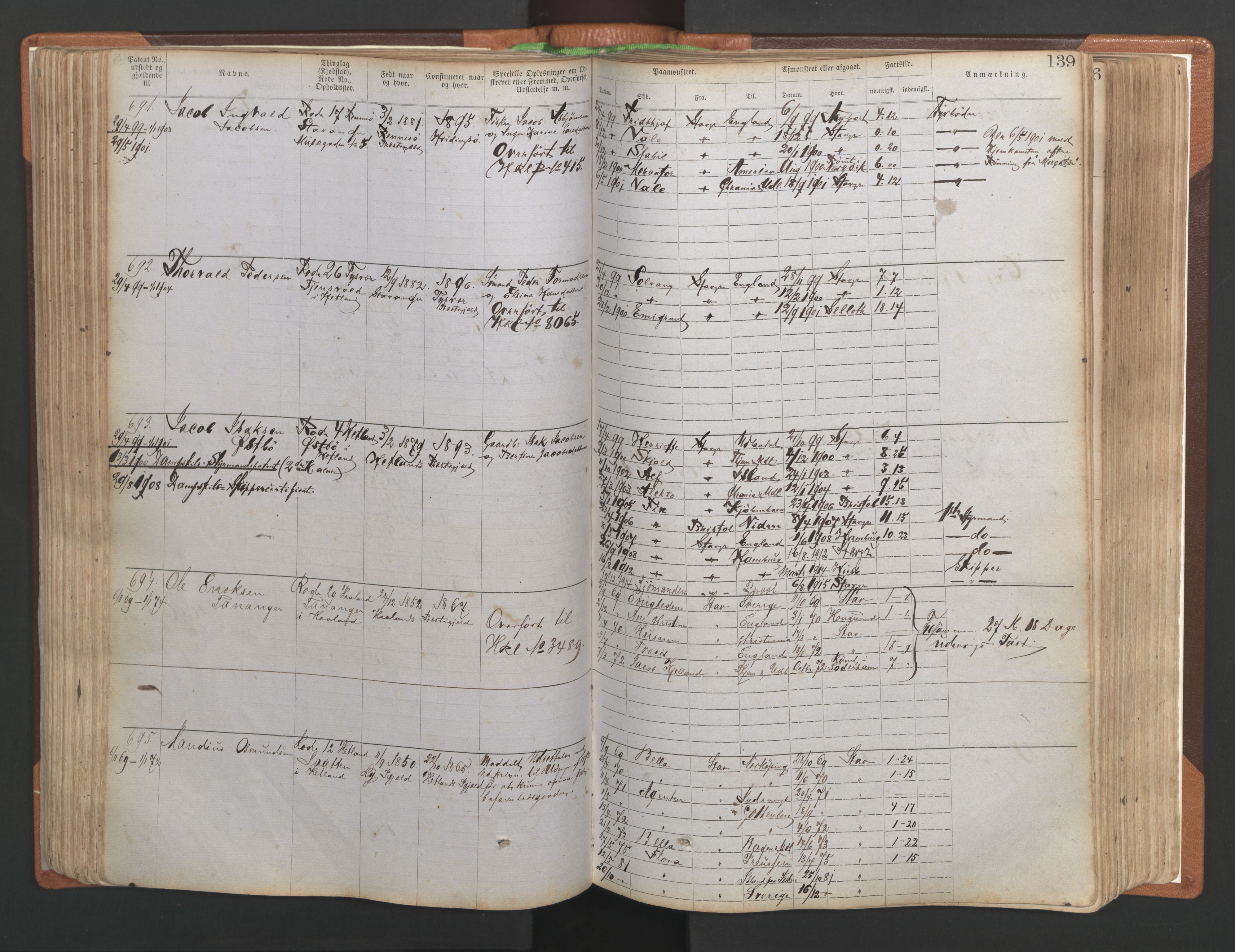 Stavanger sjømannskontor, AV/SAST-A-102006/F/Ff/L0004: Annotasjonsrulle No. 1, patentnr. 1-1785 (del 1), 1869-1900, s. 143