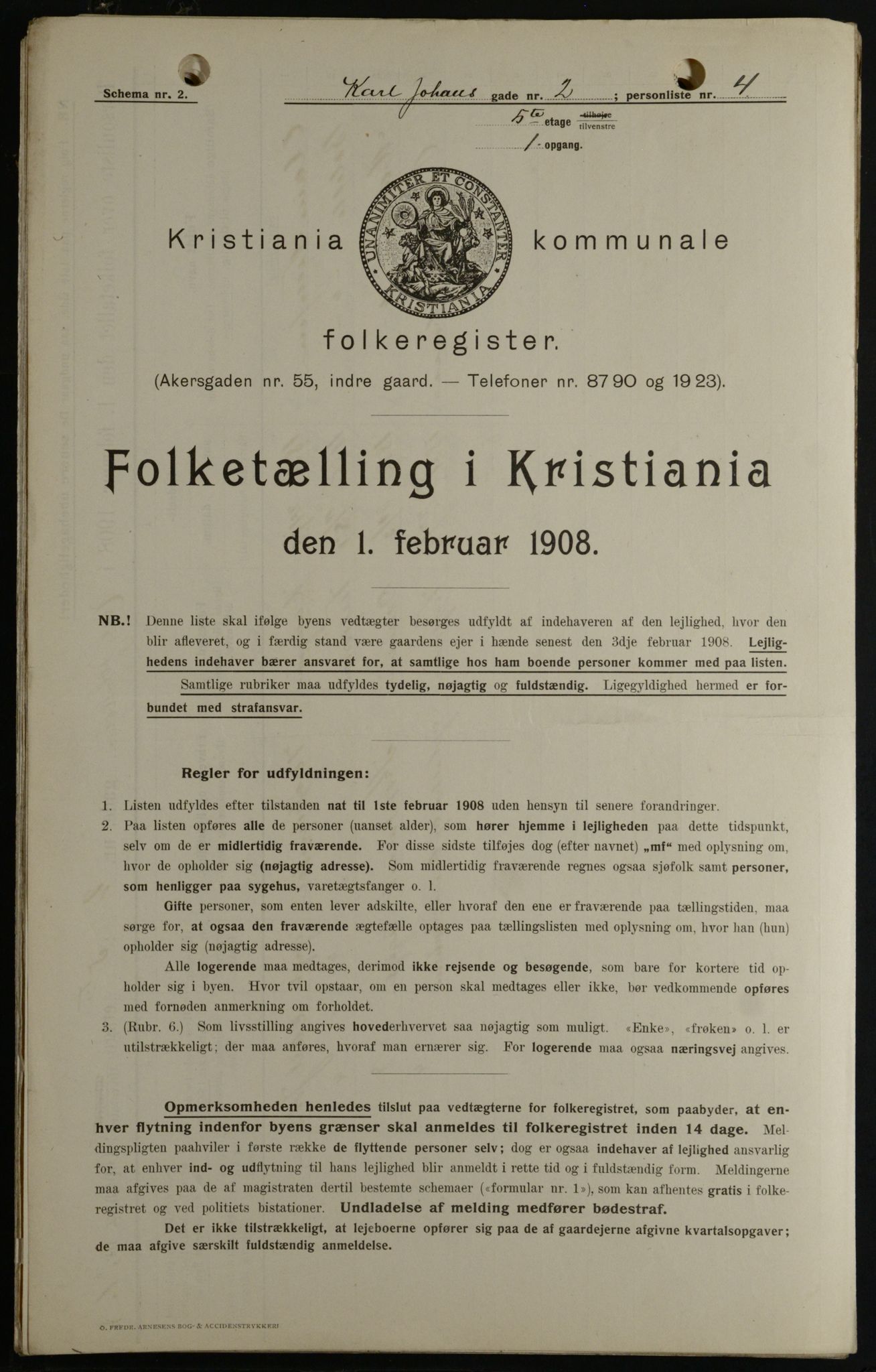 OBA, Kommunal folketelling 1.2.1908 for Kristiania kjøpstad, 1908, s. 43546