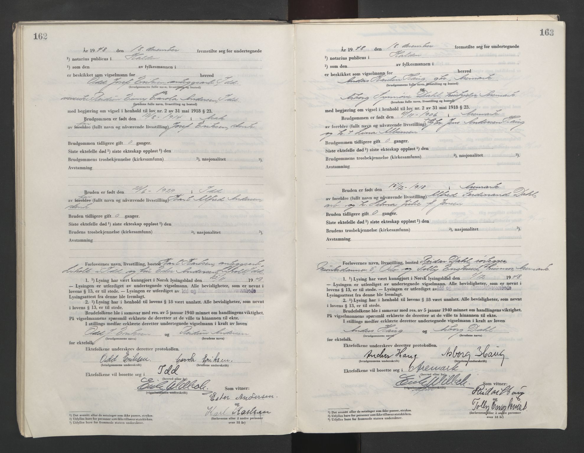 Idd og Marker sorenskriveri, AV/SAO-A-10283/L/Lc/L0001/0004: Vigselsbøker / Vigselsbok, 1945-1949, s. 162-163