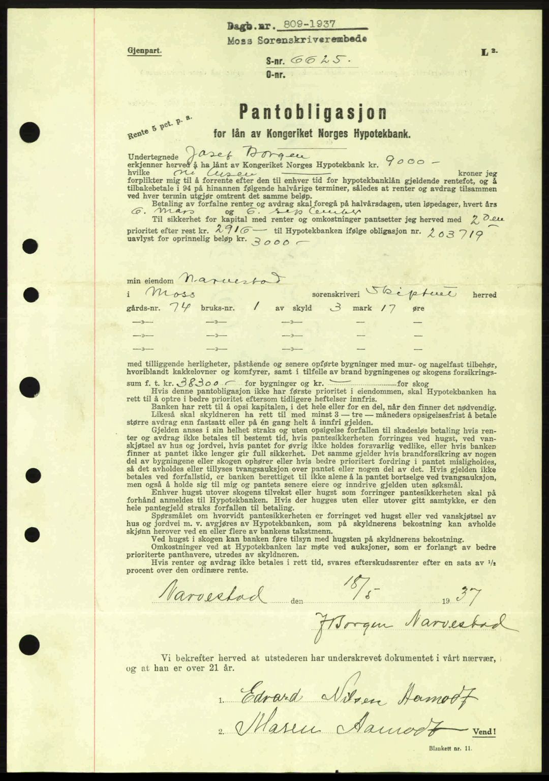 Moss sorenskriveri, SAO/A-10168: Pantebok nr. B3, 1937-1937, Dagboknr: 809/1937