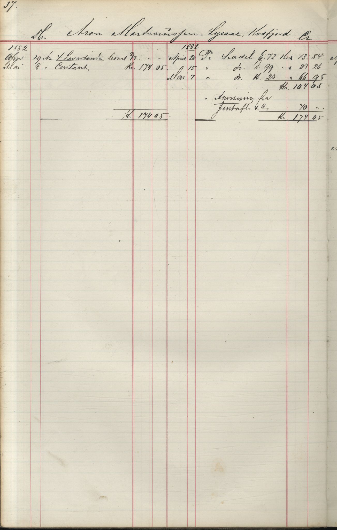 Brodtkorb handel A/S, VAMU/A-0001/F/Fa/L0004/0001: Kompanibøker. Utensogns / Compagnibog for Udensogns Fiskere No 15. Fra A - H, 1882-1895, s. 37