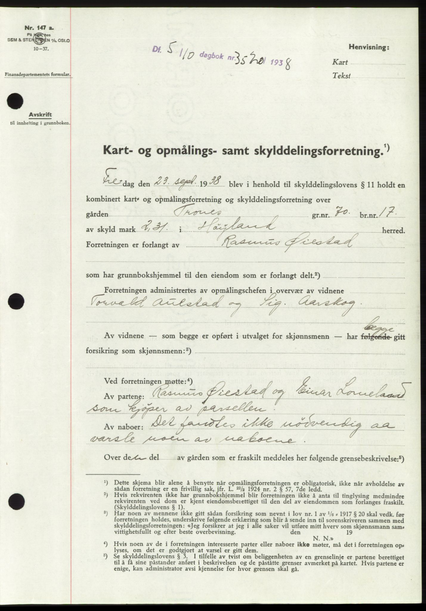 Jæren sorenskriveri, SAST/A-100310/03/G/Gba/L0072: Pantebok, 1938-1938, Dagboknr: 3520/1938