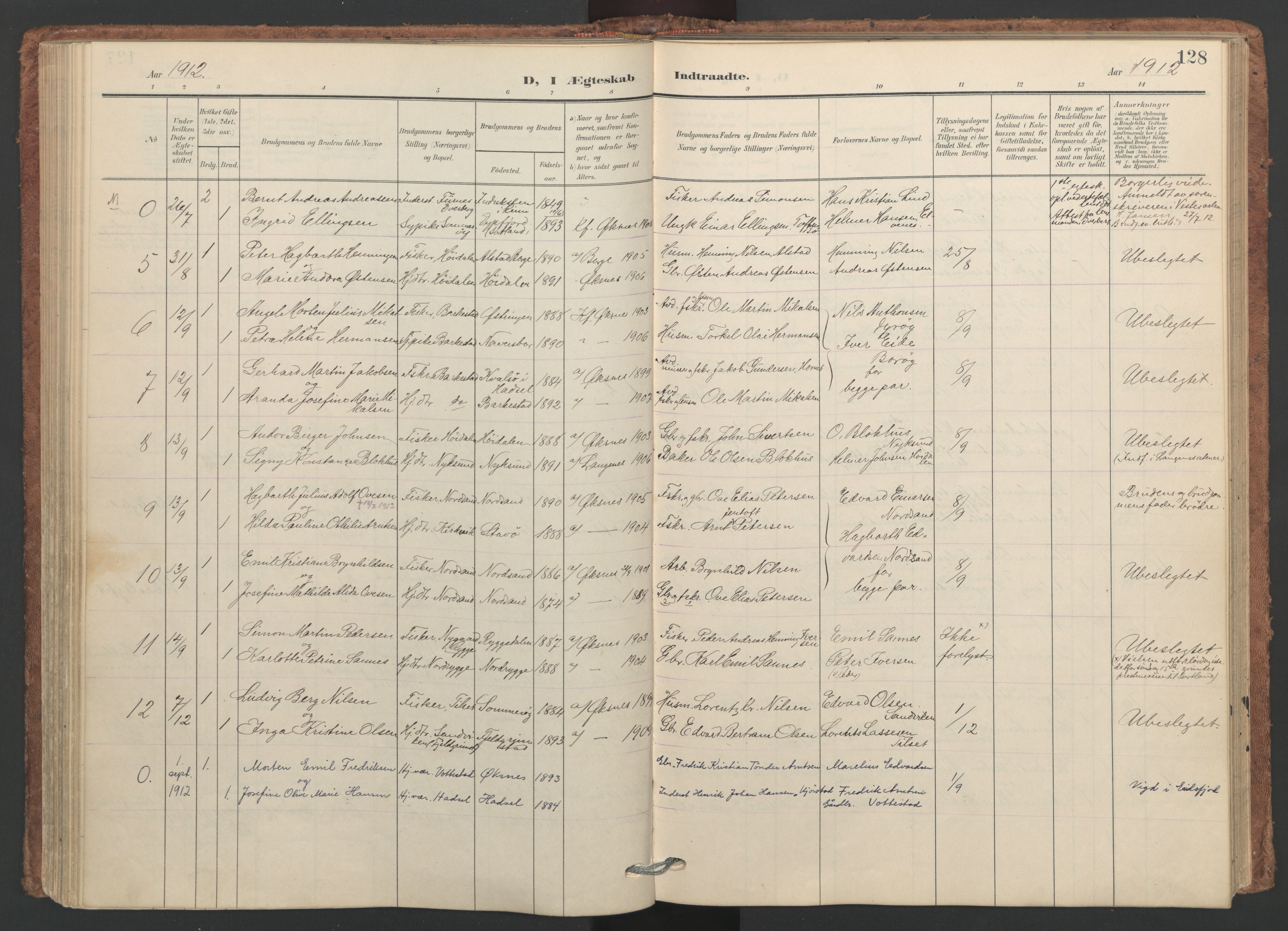 Ministerialprotokoller, klokkerbøker og fødselsregistre - Nordland, AV/SAT-A-1459/893/L1339: Ministerialbok nr. 893A11, 1904-1914, s. 128