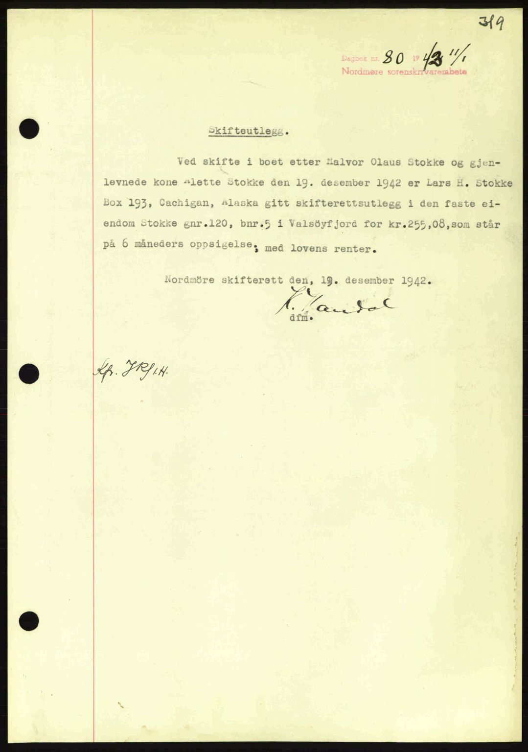 Nordmøre sorenskriveri, SAT/A-4132/1/2/2Ca: Pantebok nr. B90, 1942-1943, Dagboknr: 80/1943