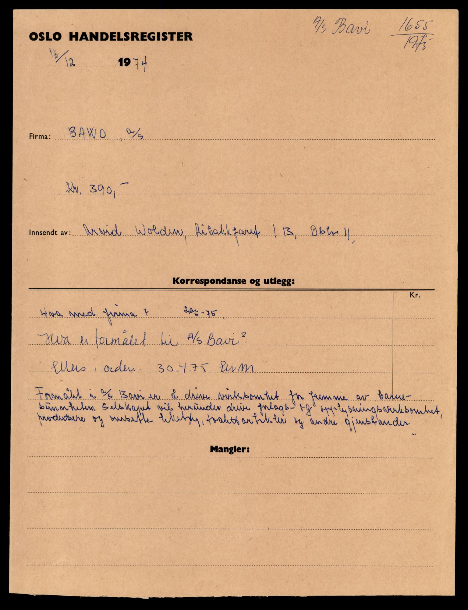 Oslo byfogd, Handelsregisteret, SAT/A-10867/G/Gc/Gca/L0060: Ikke konverterte foretak, Baw-Bec, 1890-1990, s. 1