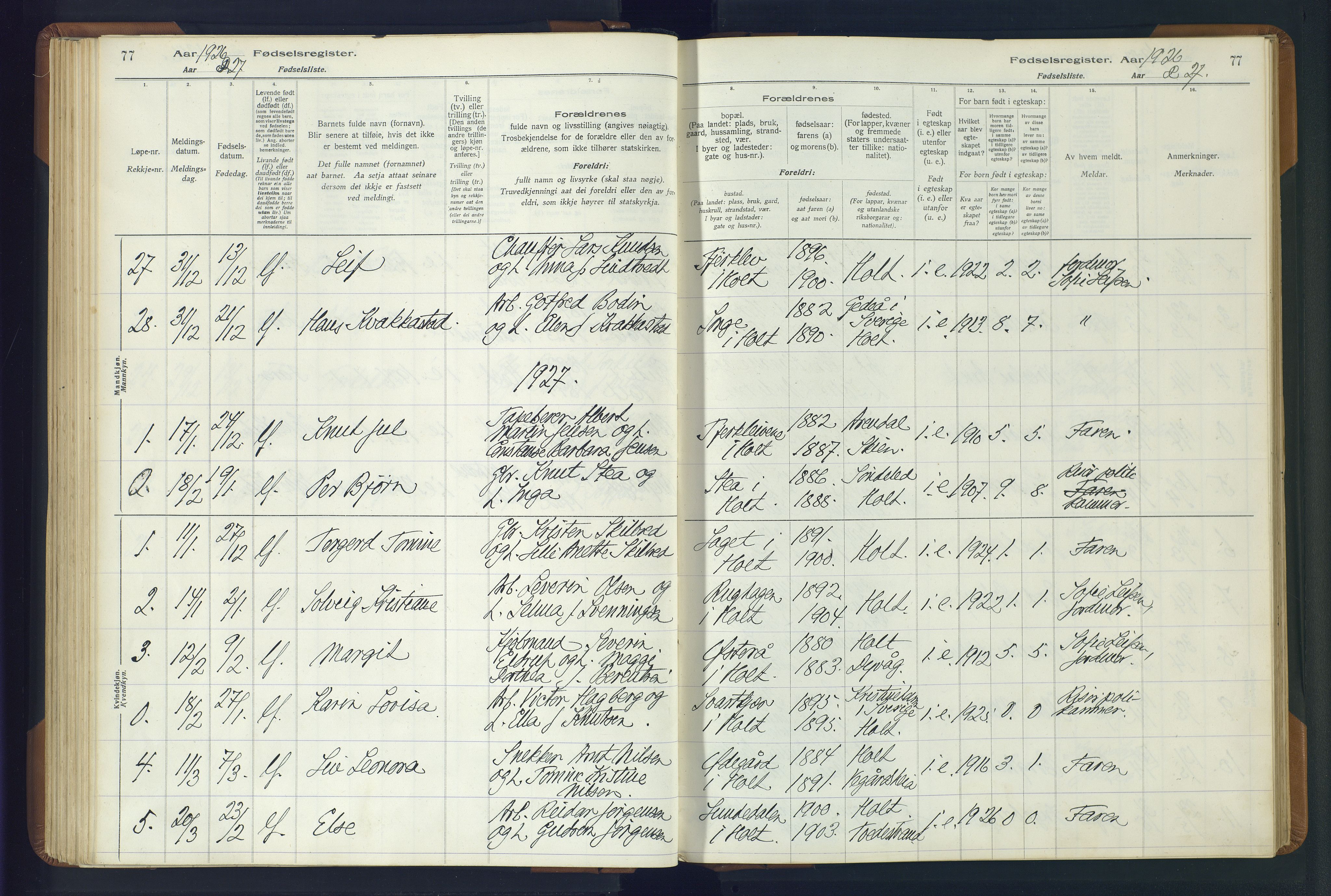 Holt sokneprestkontor, SAK/1111-0021/J/Ja/L0001: Fødselsregister nr. II.4.1, 1916-1946, s. 77