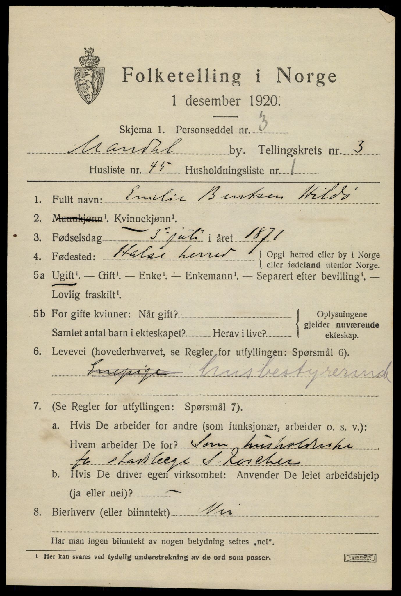 SAK, Folketelling 1920 for 1002 Mandal ladested, 1920, s. 5895
