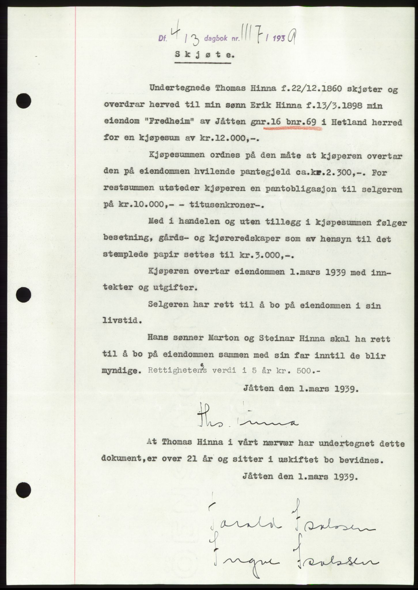 Jæren sorenskriveri, SAST/A-100310/03/G/Gba/L0073: Pantebok, 1939-1939, Dagboknr: 1117/1939