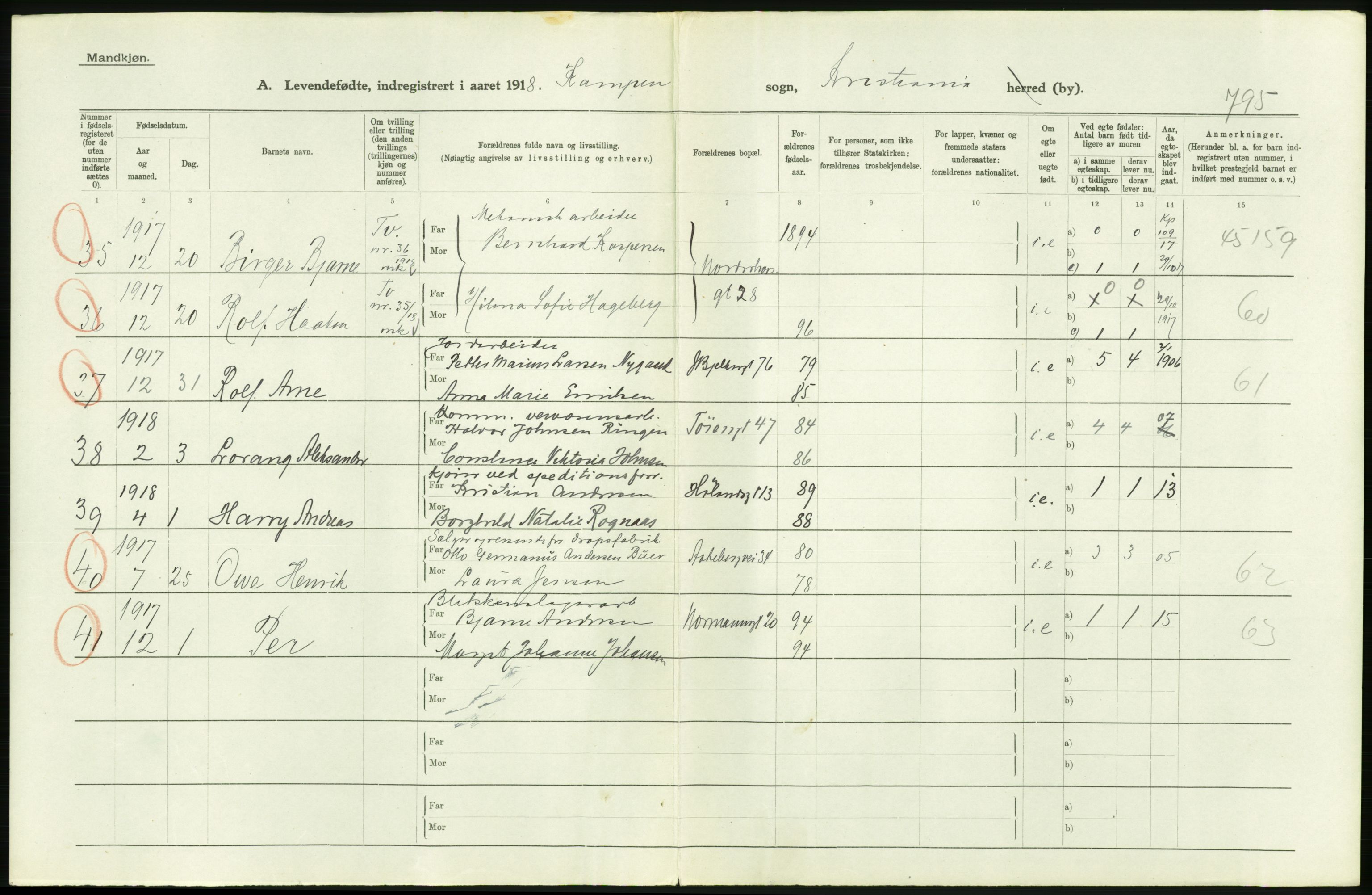 Statistisk sentralbyrå, Sosiodemografiske emner, Befolkning, AV/RA-S-2228/D/Df/Dfb/Dfbh/L0008: Kristiania: Levendefødte menn og kvinner., 1918, s. 314