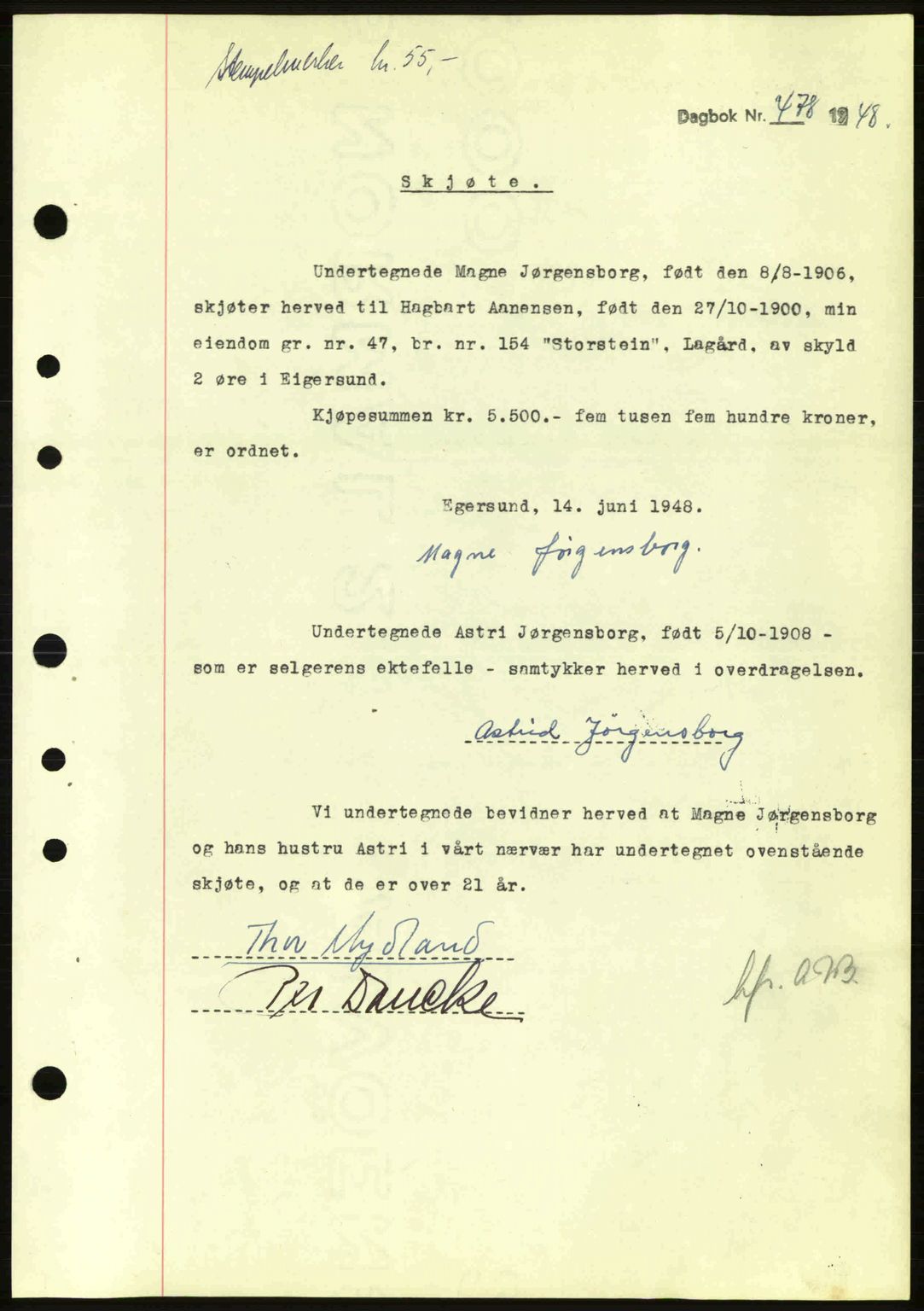 Dalane sorenskriveri, SAST/A-100309/02/G/Gb/L0051: Pantebok nr. A11, 1947-1948, Dagboknr: 478/1948