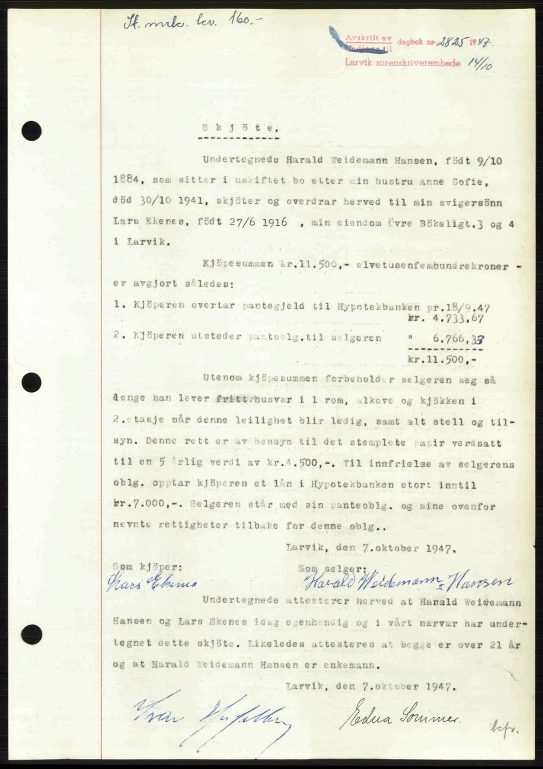 Larvik sorenskriveri, SAKO/A-83/G/Ga/Gab/L0085: Pantebok nr. A-19, 1947-1948, Dagboknr: 2825/1947