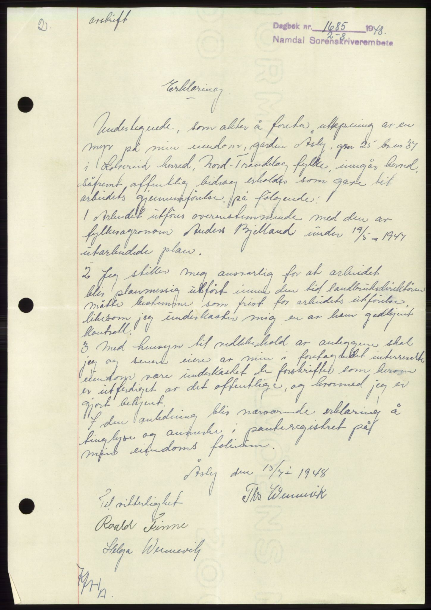 Namdal sorenskriveri, SAT/A-4133/1/2/2C: Pantebok nr. -, 1948-1948, Dagboknr: 1685/1948
