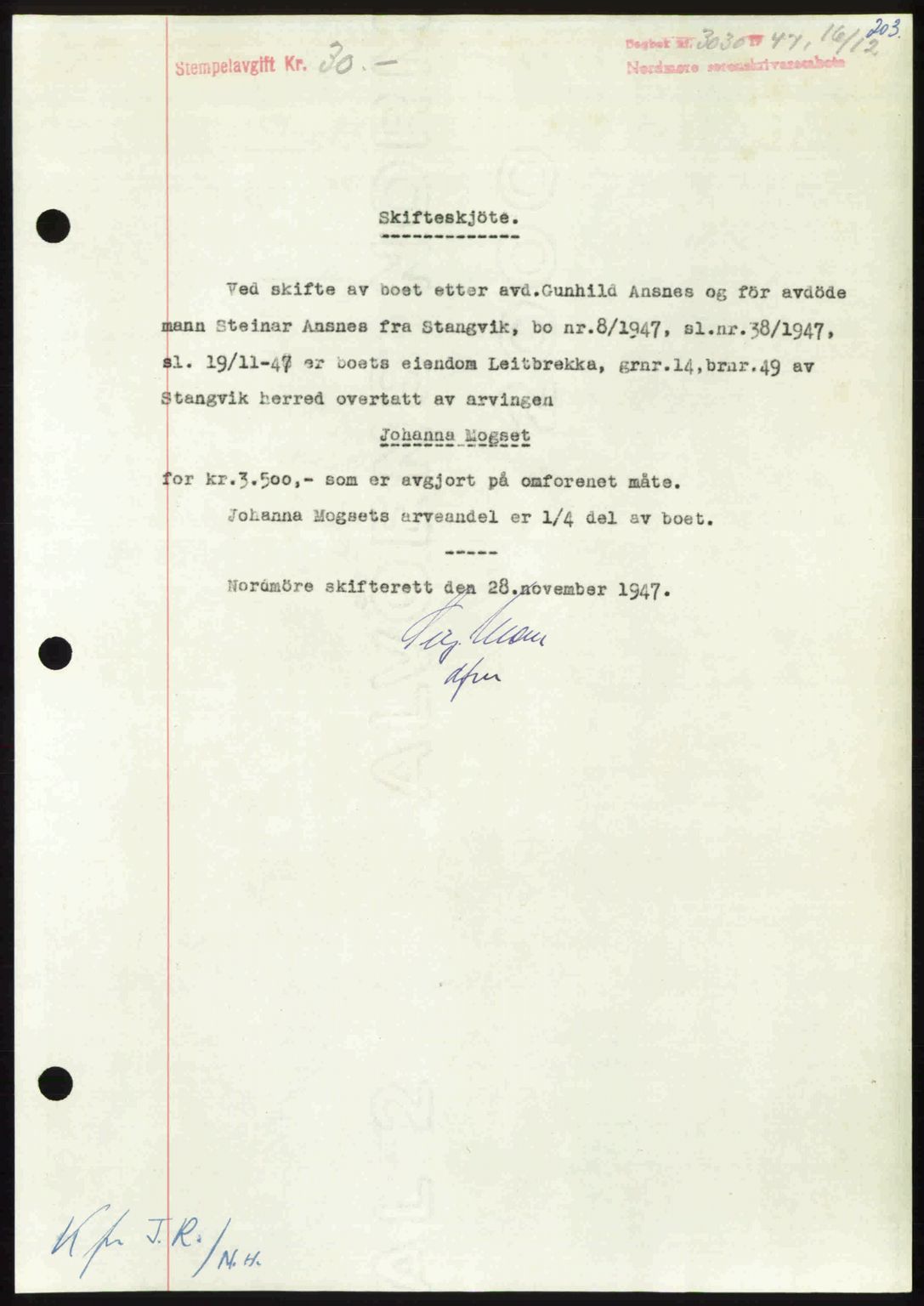 Nordmøre sorenskriveri, AV/SAT-A-4132/1/2/2Ca: Pantebok nr. A107, 1947-1948, Dagboknr: 3030/1947