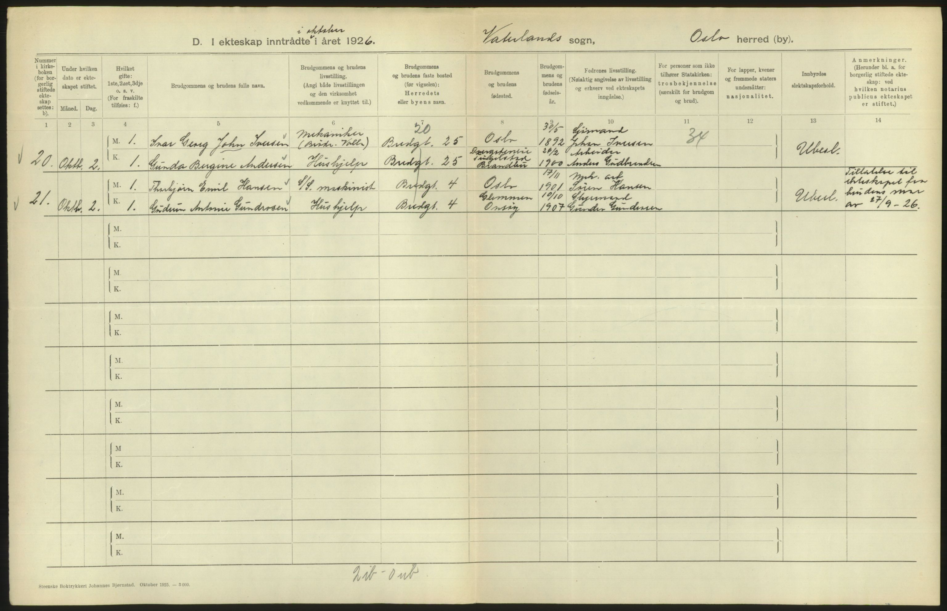 Statistisk sentralbyrå, Sosiodemografiske emner, Befolkning, AV/RA-S-2228/D/Df/Dfc/Dfcf/L0008: Oslo: Gifte, 1926, s. 666