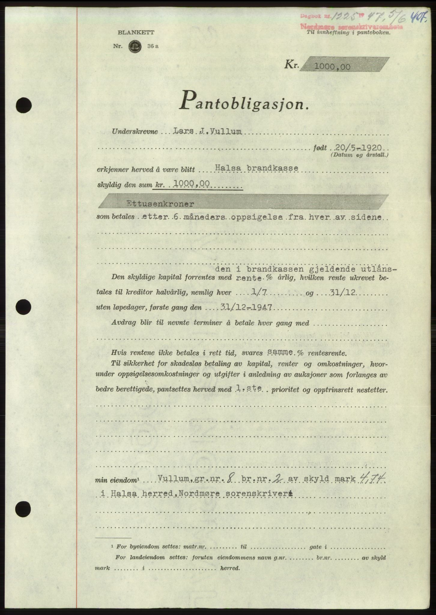 Nordmøre sorenskriveri, SAT/A-4132/1/2/2Ca: Pantebok nr. B96, 1947-1947, Dagboknr: 1225/1947
