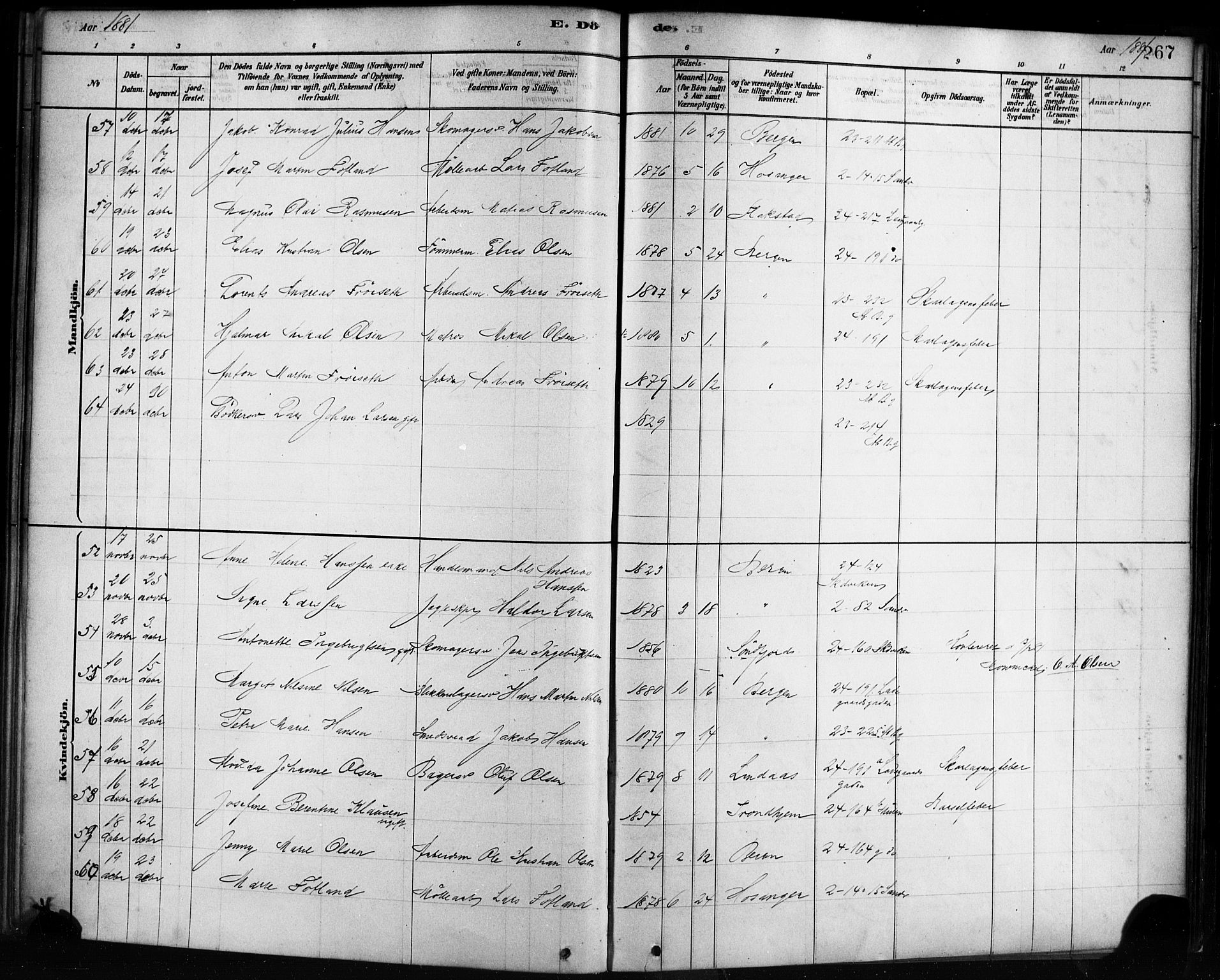 Sandviken Sokneprestembete, AV/SAB-A-77601/H/Ha/L0002: Ministerialbok nr. A 2, 1878-1896, s. 267