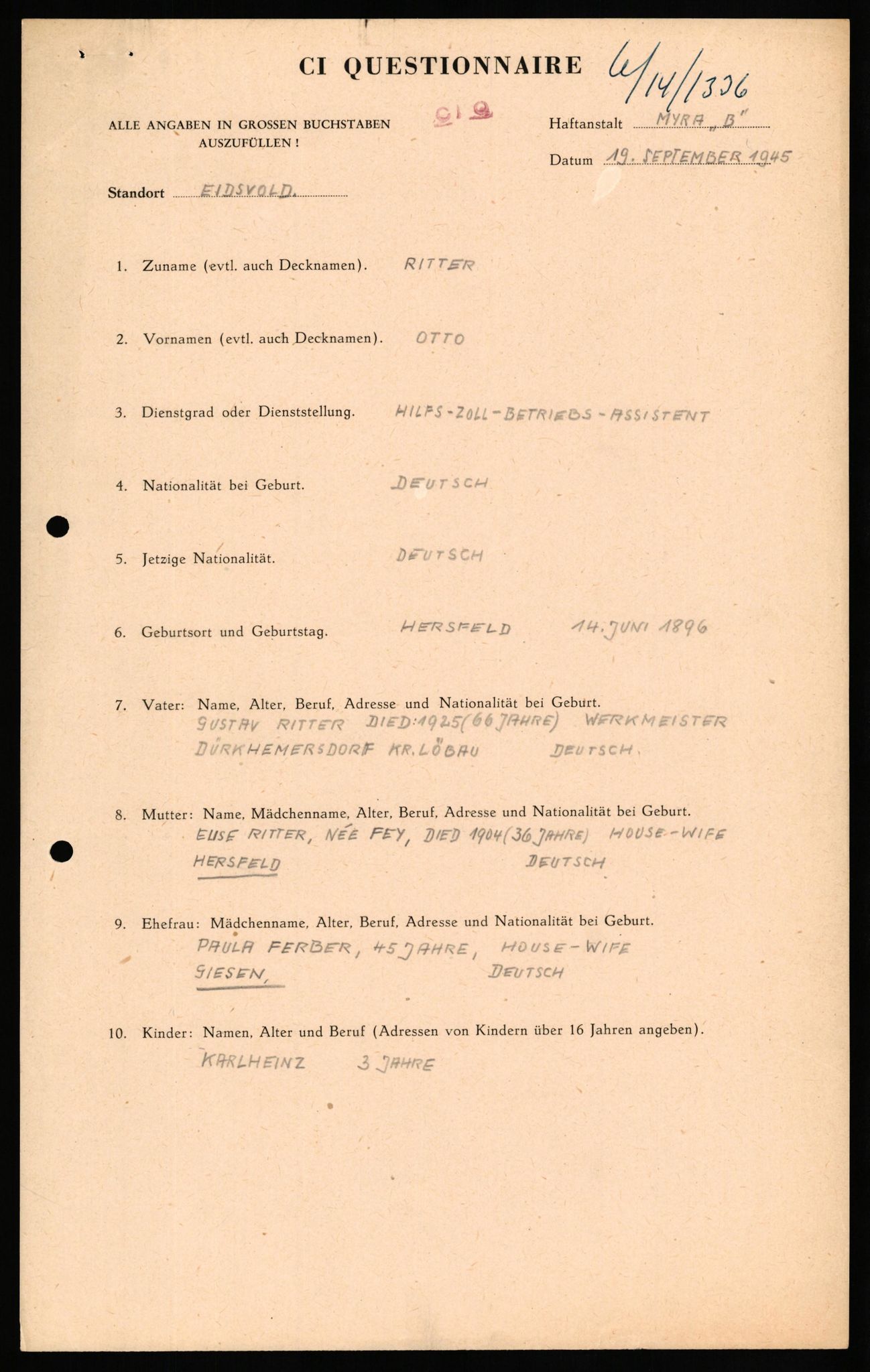 Forsvaret, Forsvarets overkommando II, AV/RA-RAFA-3915/D/Db/L0027: CI Questionaires. Tyske okkupasjonsstyrker i Norge. Tyskere., 1945-1946, s. 448