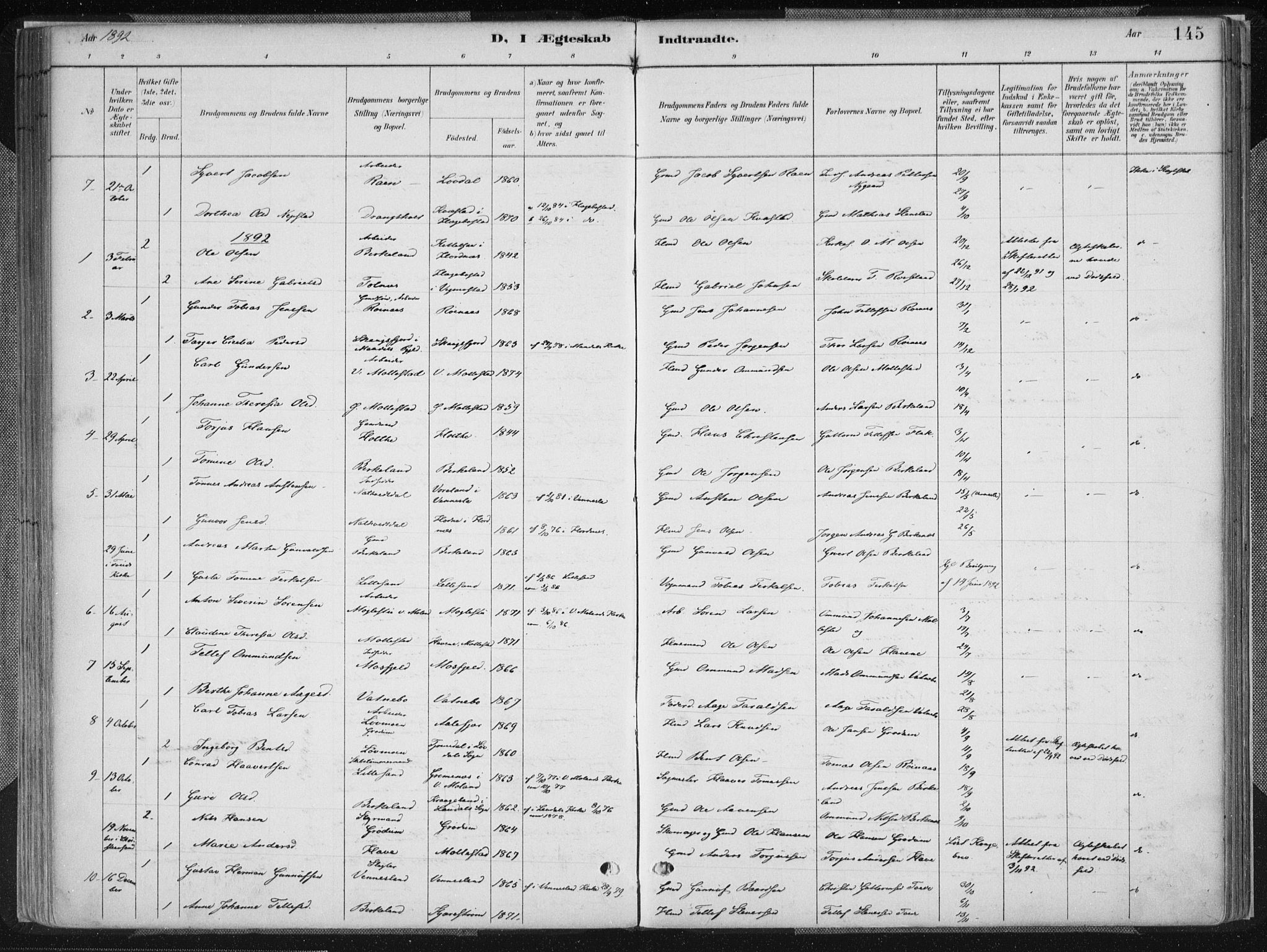 Birkenes sokneprestkontor, SAK/1111-0004/F/Fa/L0005: Ministerialbok nr. A 5, 1887-1907, s. 145
