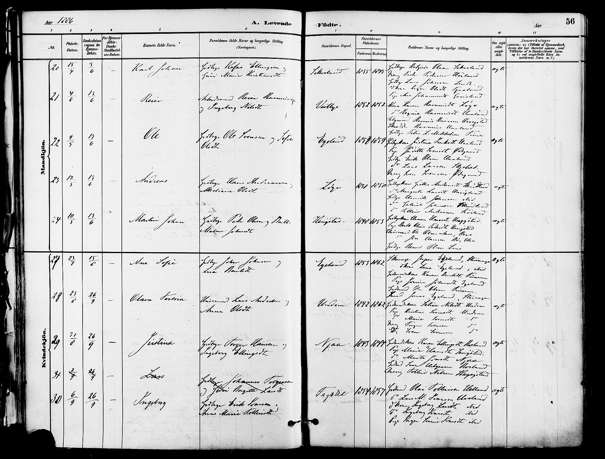 Lye sokneprestkontor, AV/SAST-A-101794/001/30BA/L0009: Ministerialbok nr. A 8, 1881-1892, s. 56
