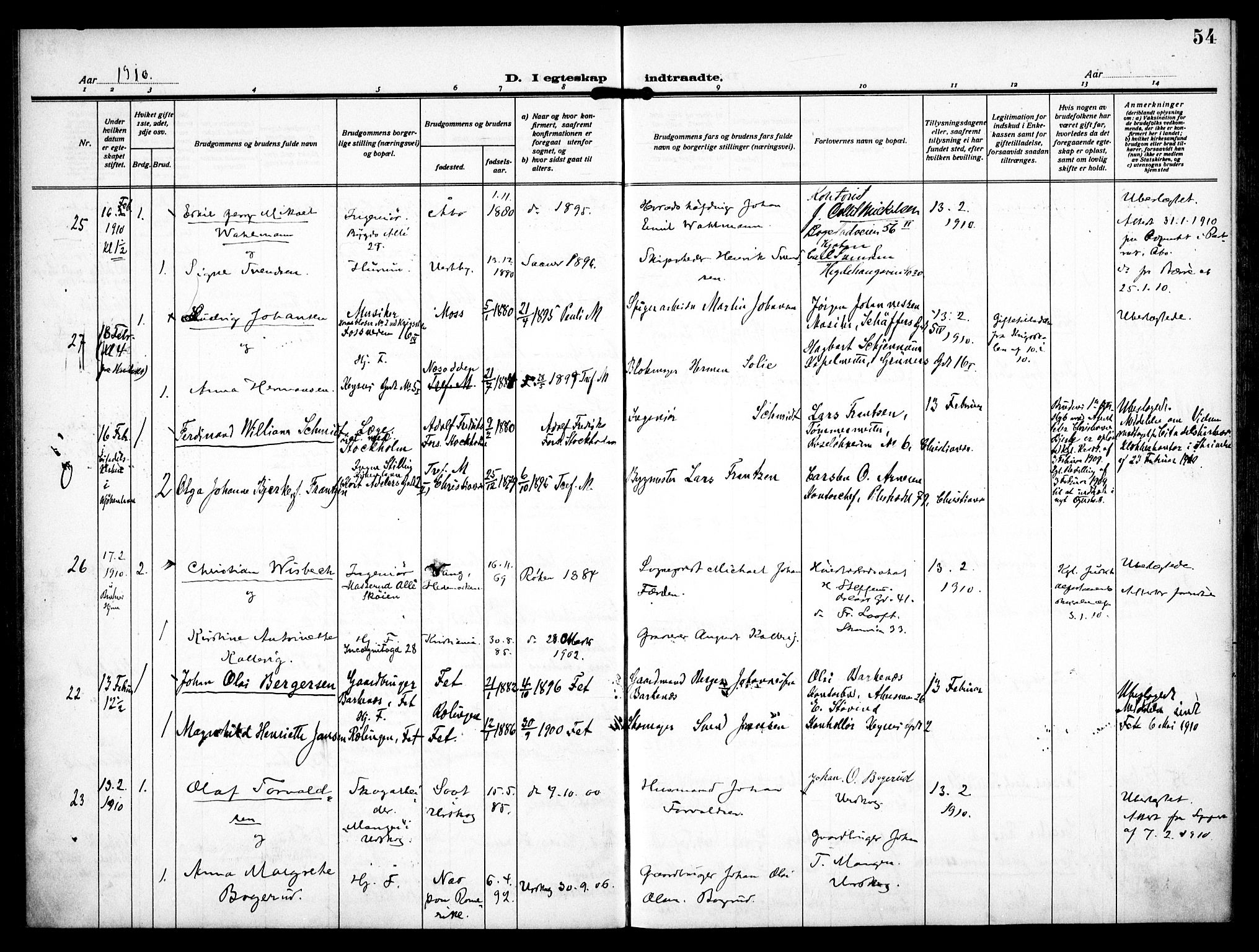 Trefoldighet prestekontor Kirkebøker, AV/SAO-A-10882/F/Fc/L0006: Ministerialbok nr. III 6, 1908-1914, s. 54