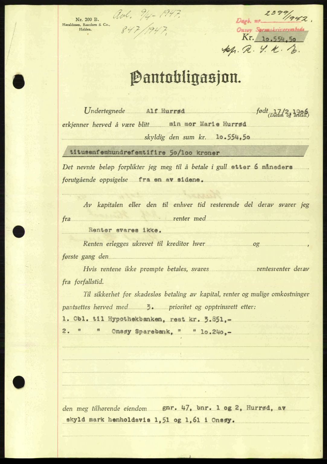 Onsøy sorenskriveri, SAO/A-10474/G/Ga/Gac/L0003: Pantebok nr. B3, 1940-1944, Dagboknr: 2399/1942