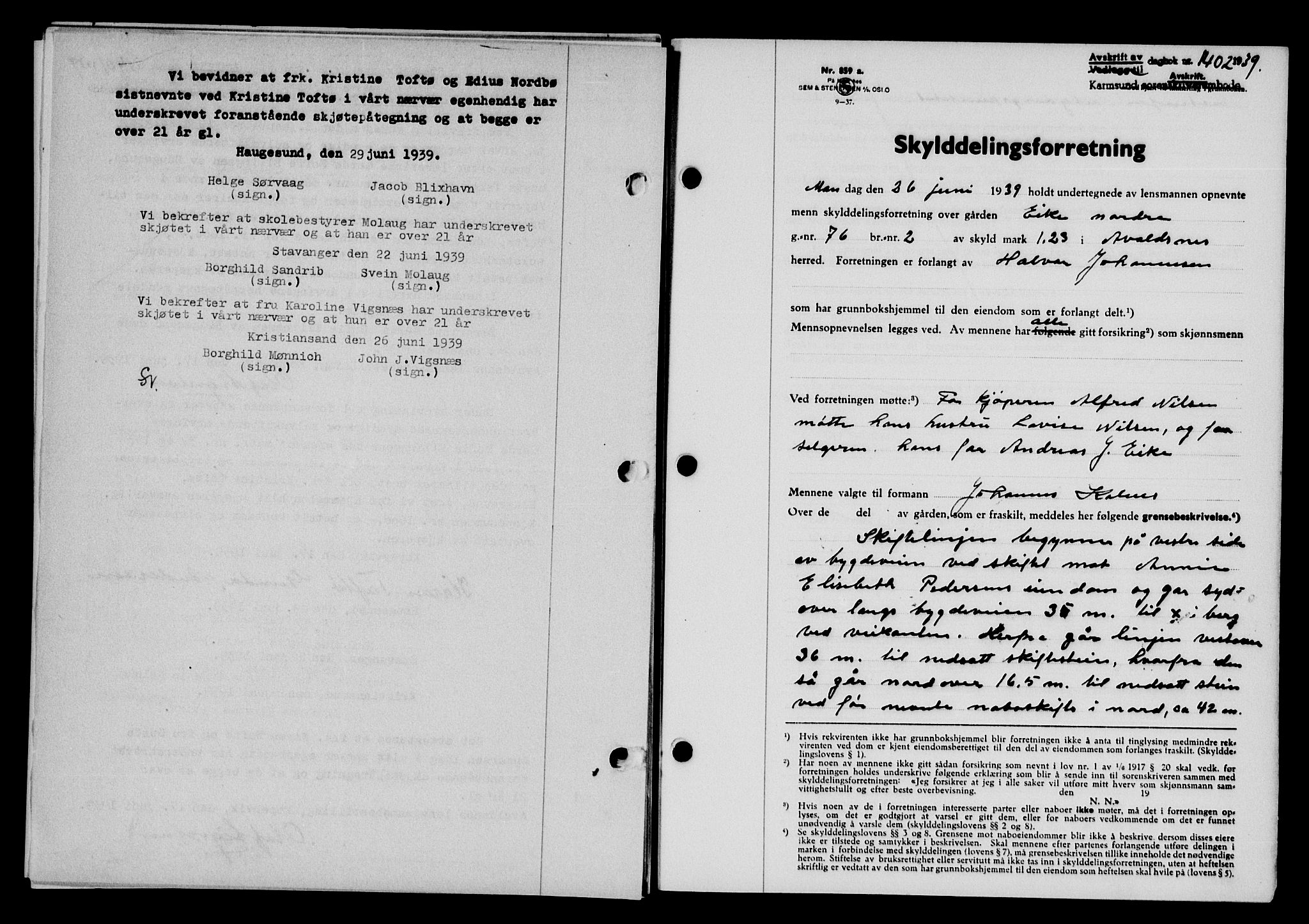 Karmsund sorenskriveri, SAST/A-100311/01/II/IIB/L0071: Pantebok nr. 52A, 1939-1939, Dagboknr: 1402/1939