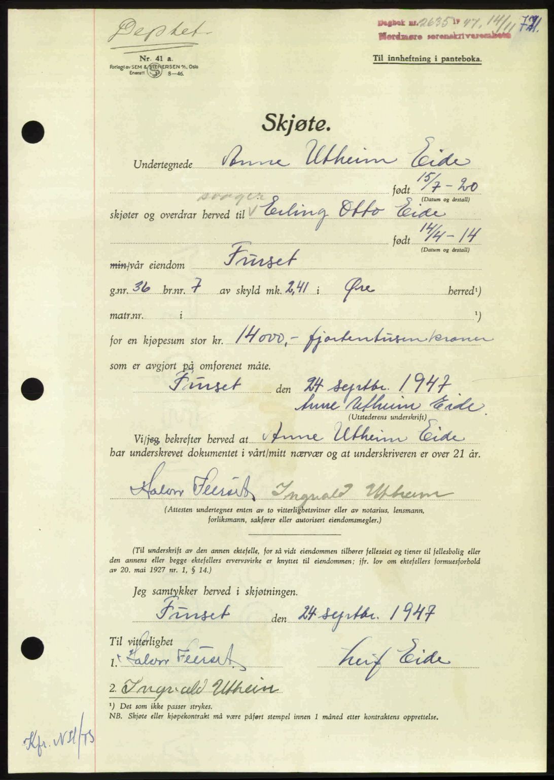 Nordmøre sorenskriveri, AV/SAT-A-4132/1/2/2Ca: Pantebok nr. A106, 1947-1947, Dagboknr: 2635/1947