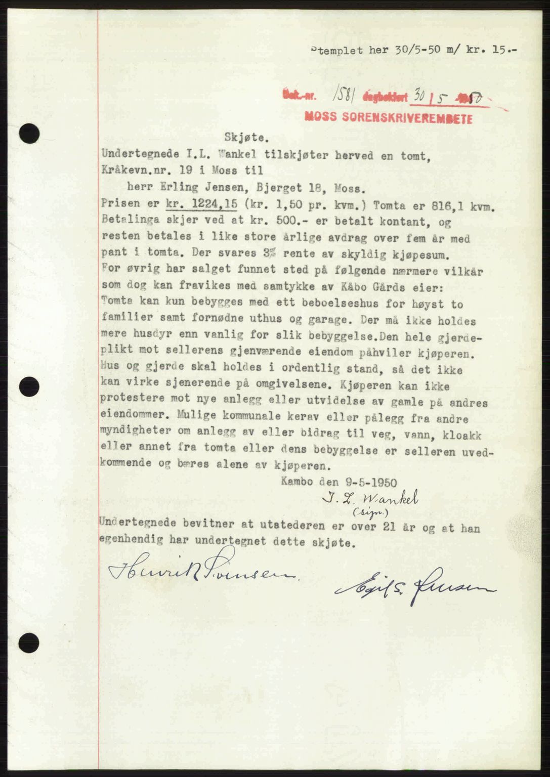 Moss sorenskriveri, SAO/A-10168: Pantebok nr. A26, 1950-1950, Dagboknr: 1581/1950