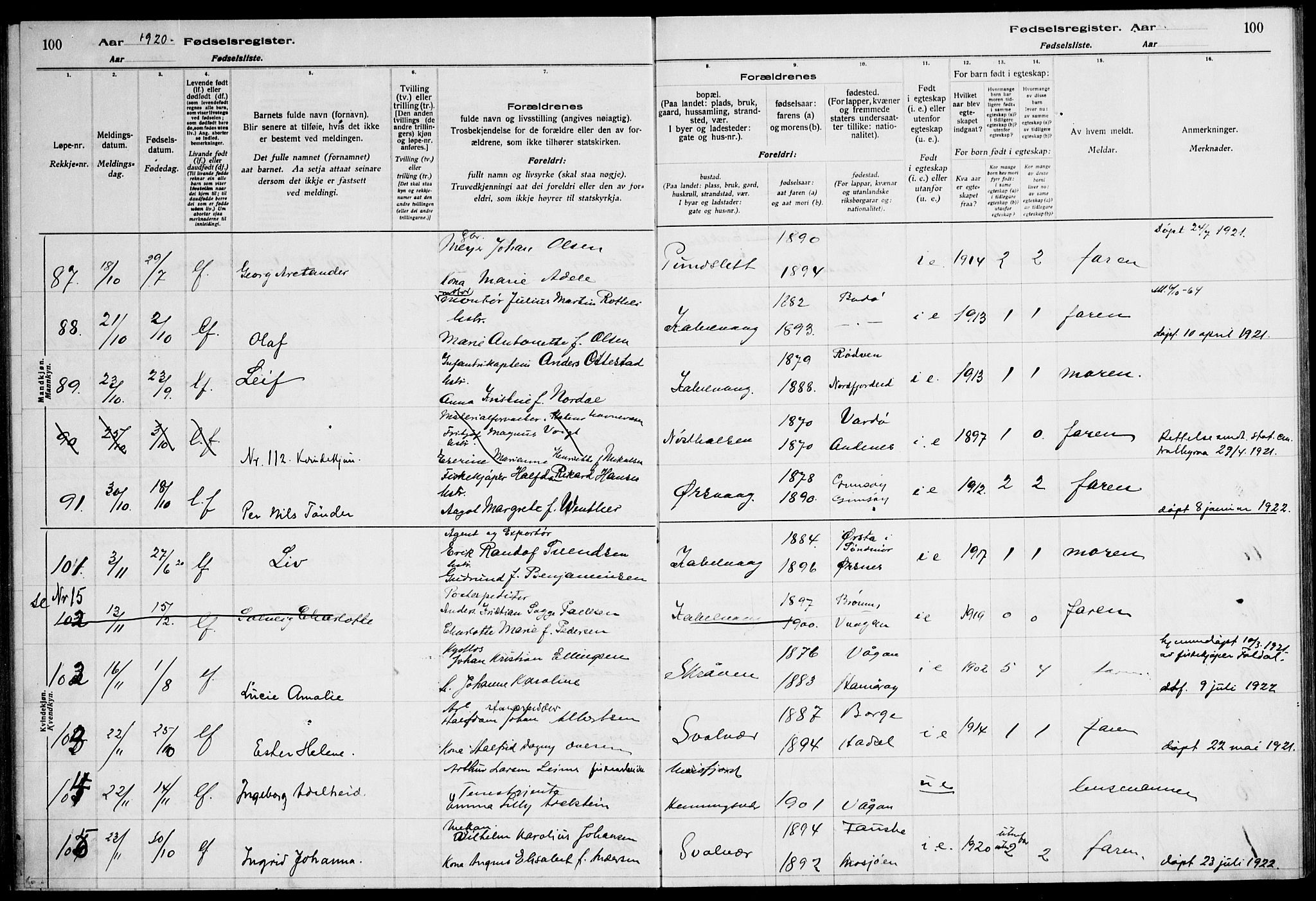 Ministerialprotokoller, klokkerbøker og fødselsregistre - Nordland, SAT/A-1459/874/L1089: Fødselsregister nr. 874.II.4.1, 1916-1926, s. 100