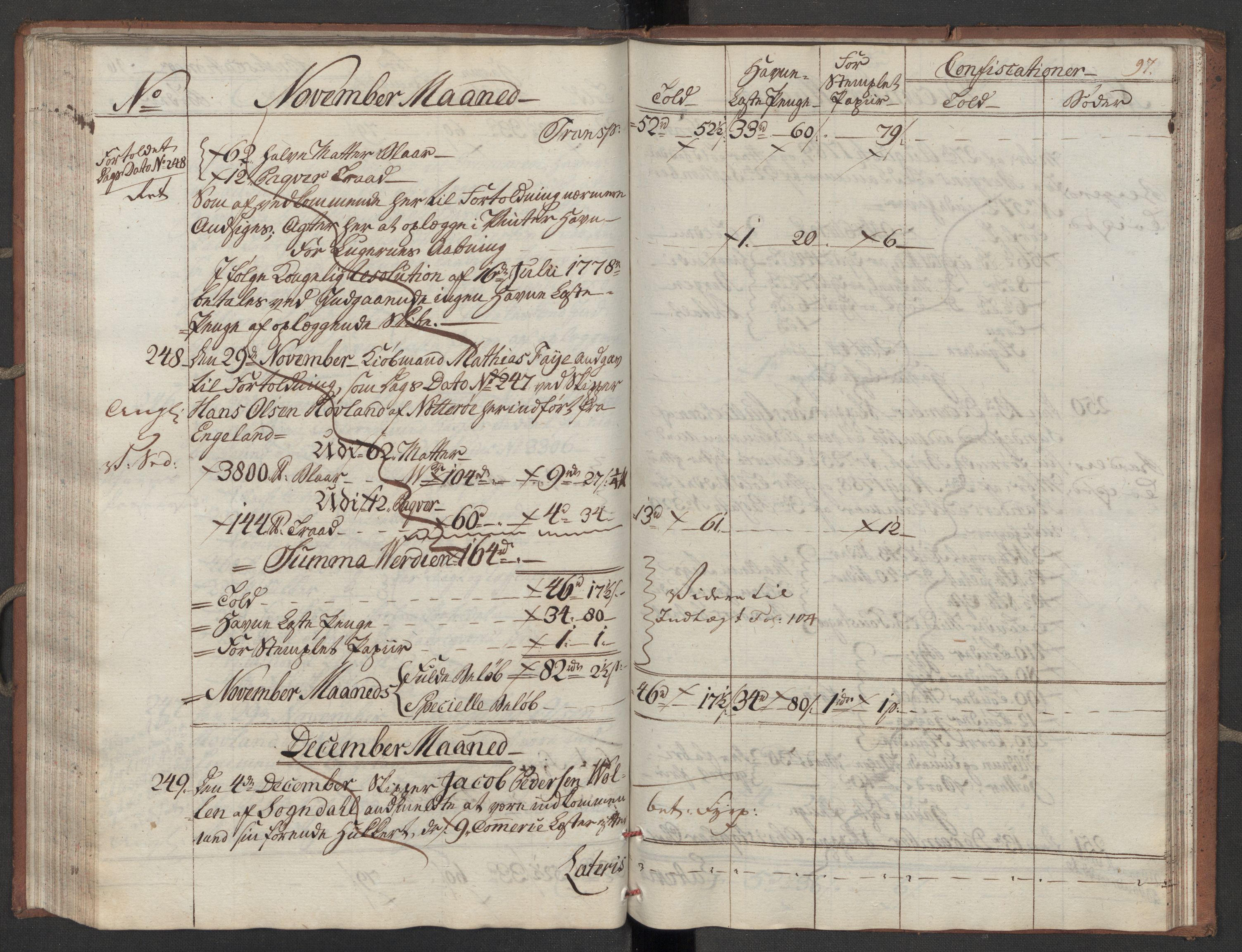 Generaltollkammeret, tollregnskaper, RA/EA-5490/R10/L0052/0001: Tollregnskaper Tønsberg / Inngående tollbok, 1790, s. 96b-97a