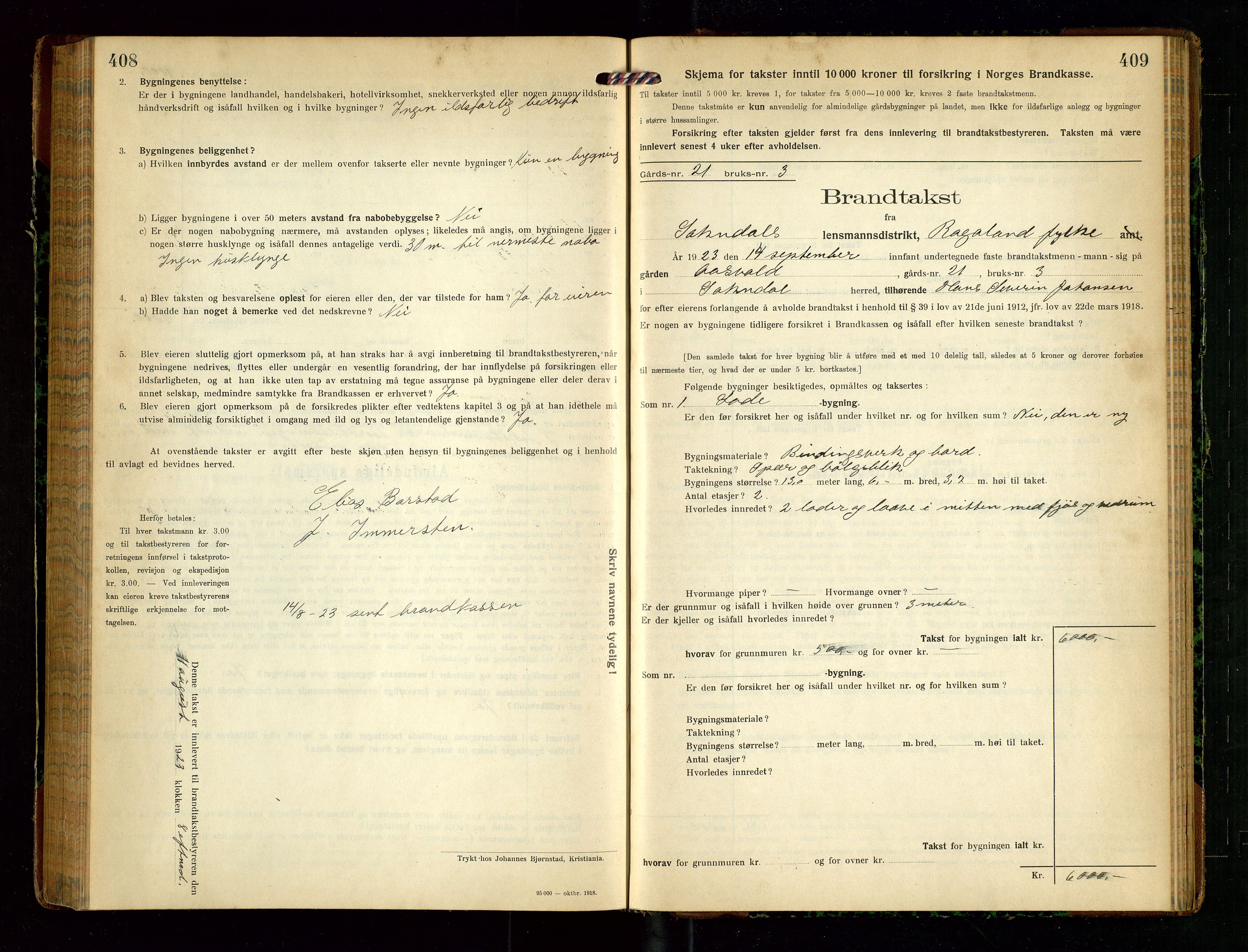 Sokndal lensmannskontor, AV/SAST-A-100417/Gob/L0005: "Brandtakst-Protokol", 1920-1924, s. 408-409