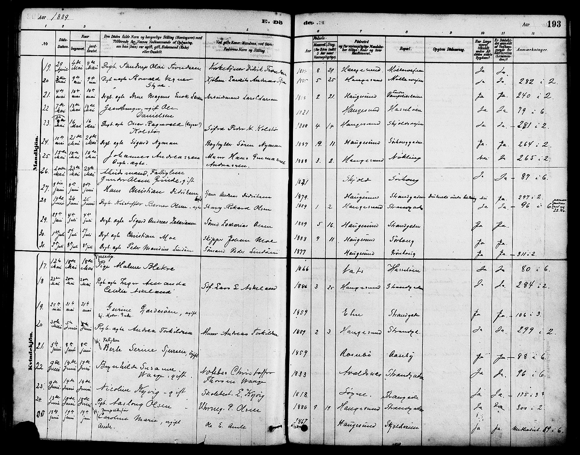 Haugesund sokneprestkontor, AV/SAST-A -101863/H/Ha/Haa/L0003: Ministerialbok nr. A 3, 1885-1890, s. 193