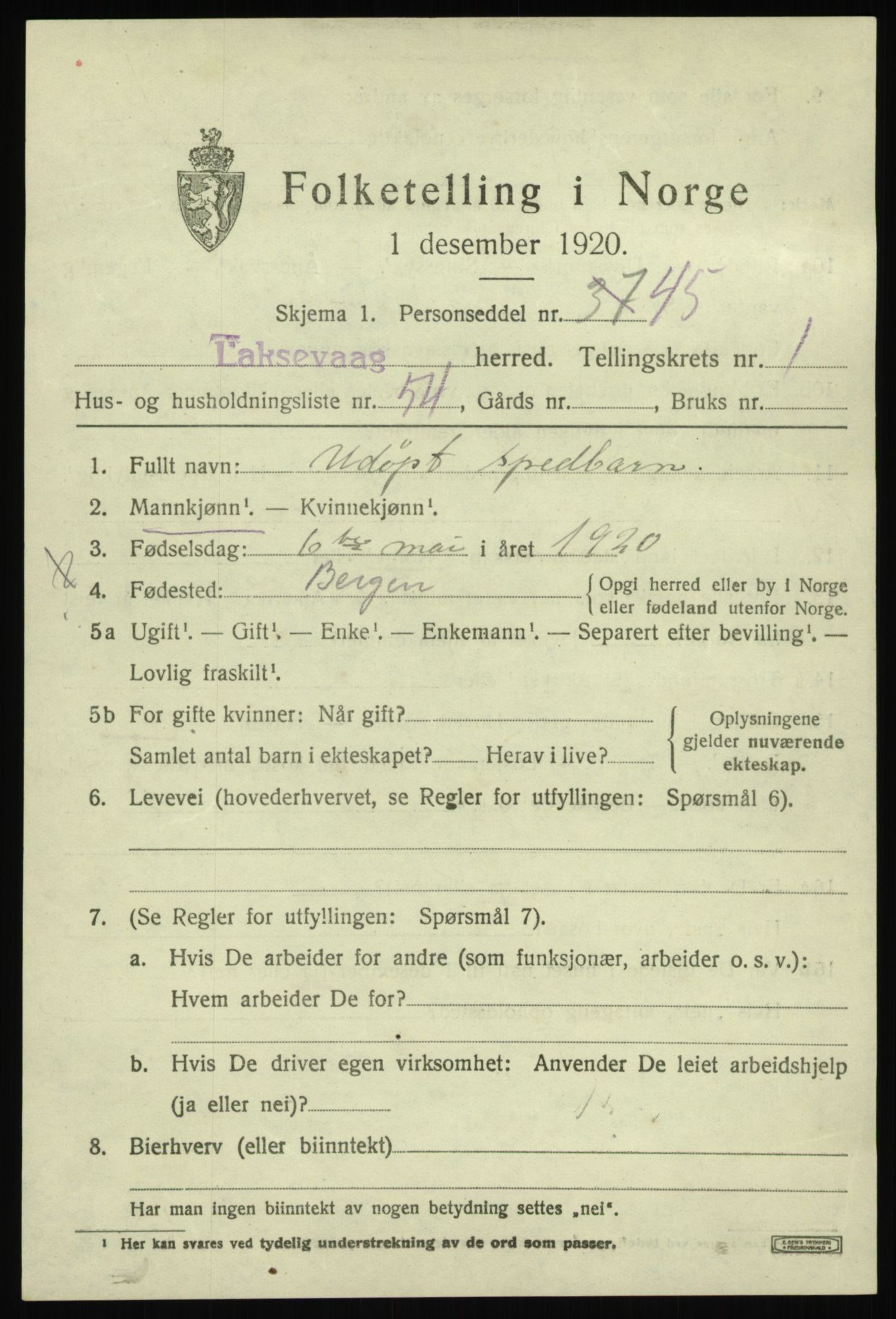 SAB, Folketelling 1920 for 1248 Laksevåg herred, 1920, s. 3856