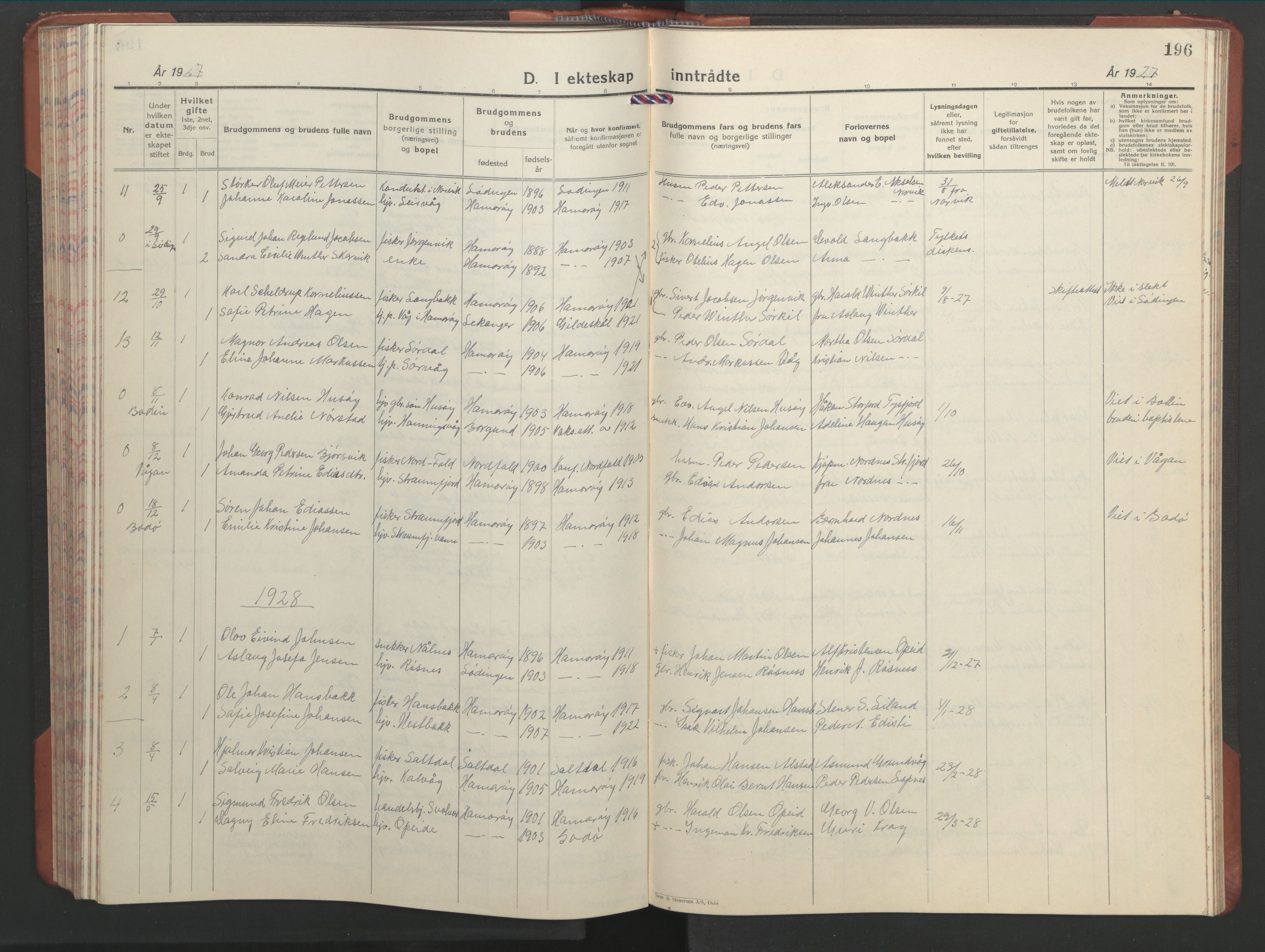 Ministerialprotokoller, klokkerbøker og fødselsregistre - Nordland, AV/SAT-A-1459/859/L0862: Klokkerbok nr. 859C08, 1925-1936, s. 196