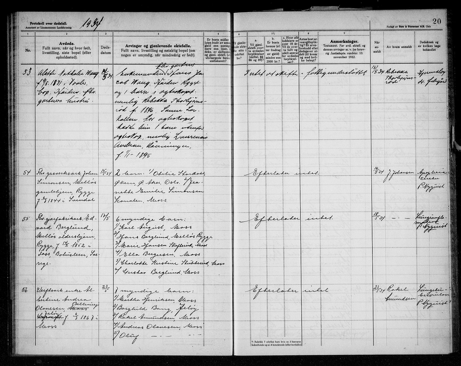 Rygge lensmannskontor, SAO/A-10005/H/Ha/Haa/L0010: Dødsfallsprotokoll, 1933-1937, s. 20