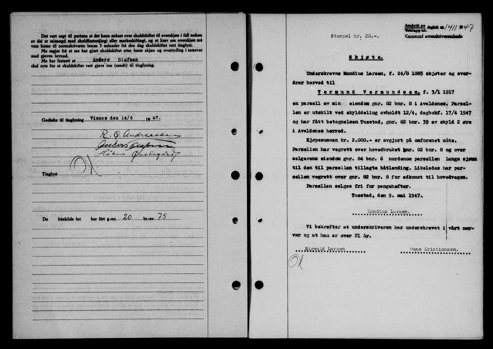 Karmsund sorenskriveri, SAST/A-100311/01/II/IIB/L0090: Pantebok nr. 70A, 1947-1947, Dagboknr: 1411/1947