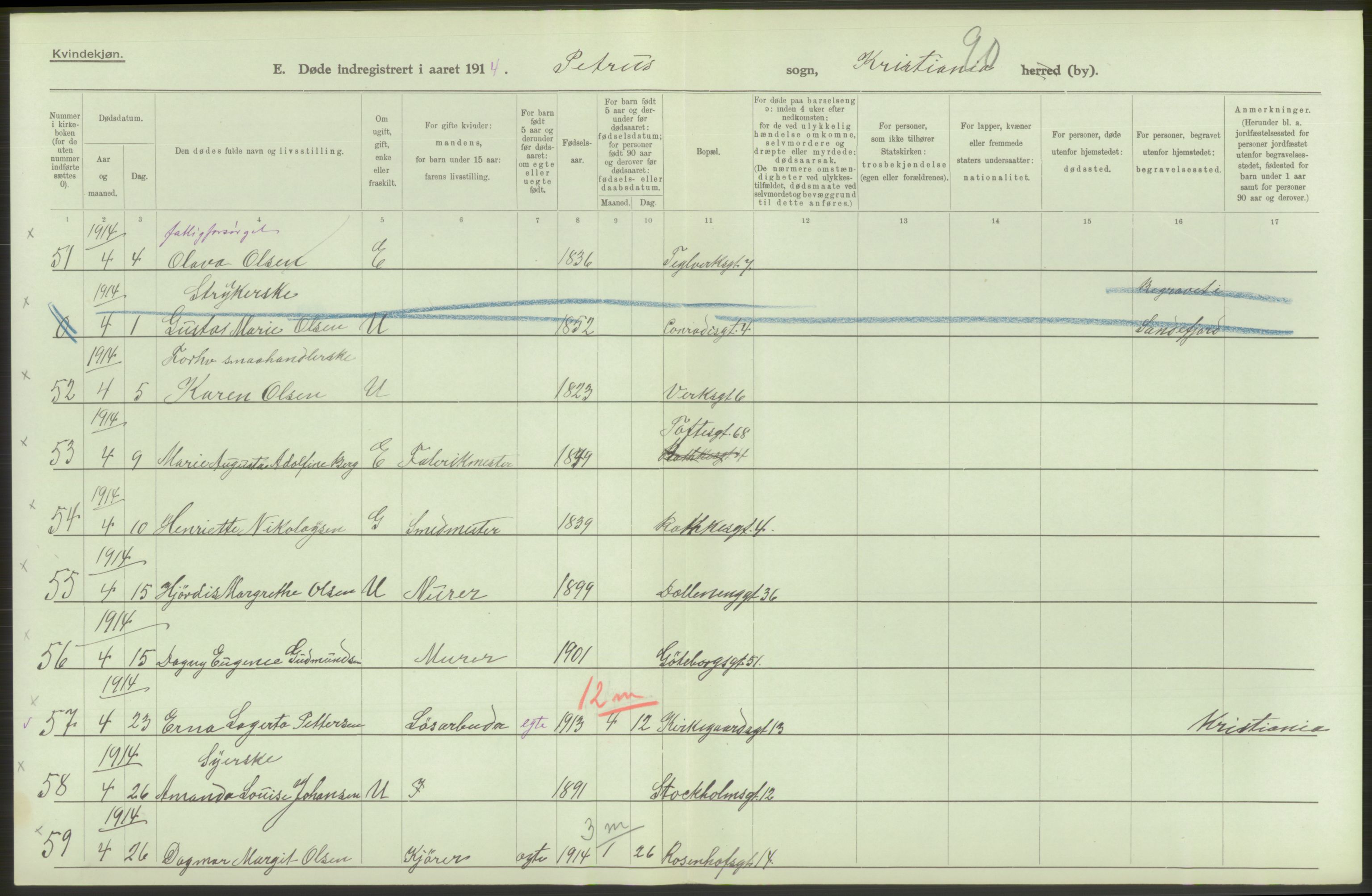 Statistisk sentralbyrå, Sosiodemografiske emner, Befolkning, AV/RA-S-2228/D/Df/Dfb/Dfbd/L0008: Kristiania: Døde, 1914, s. 384