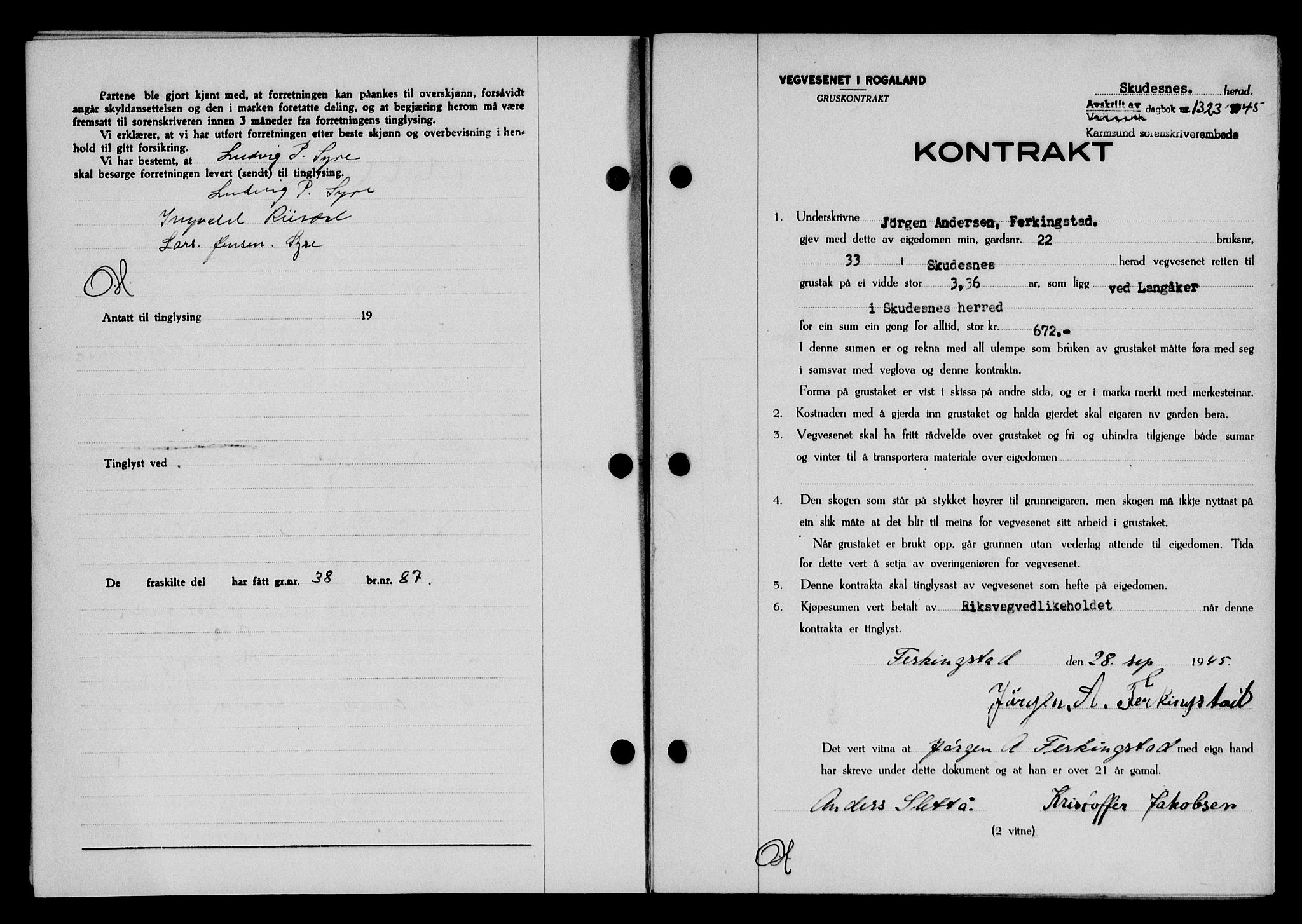 Karmsund sorenskriveri, SAST/A-100311/01/II/IIB/L0084: Pantebok nr. 65A, 1945-1946, Dagboknr: 1323/1945