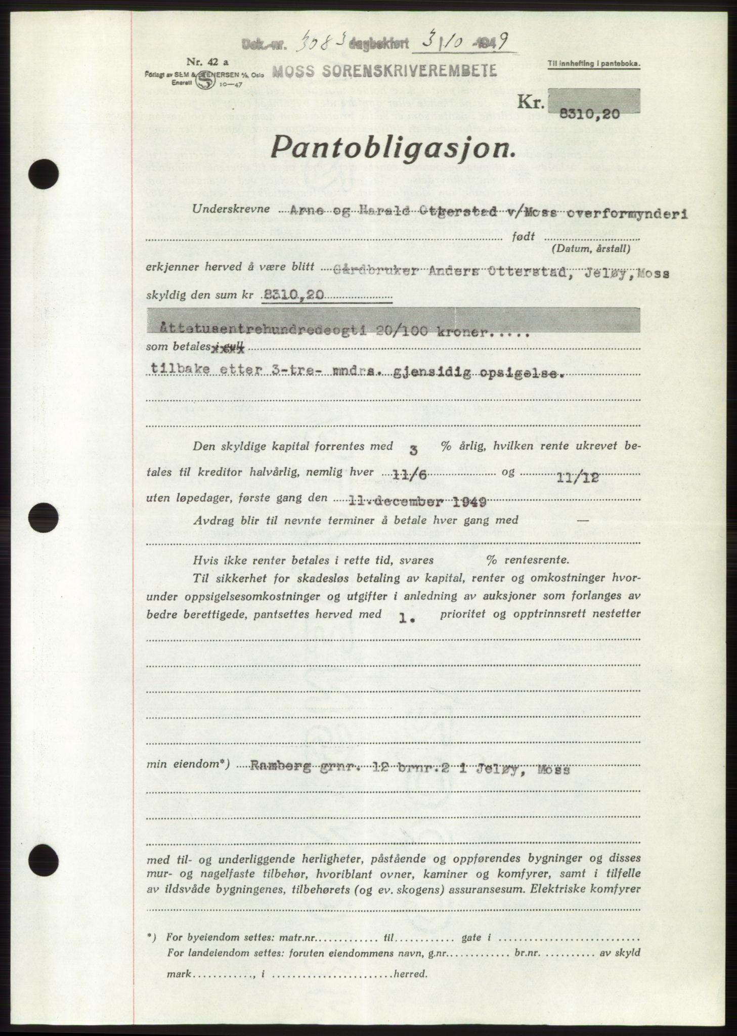 Moss sorenskriveri, SAO/A-10168: Pantebok nr. B22, 1949-1949, Dagboknr: 3083/1949