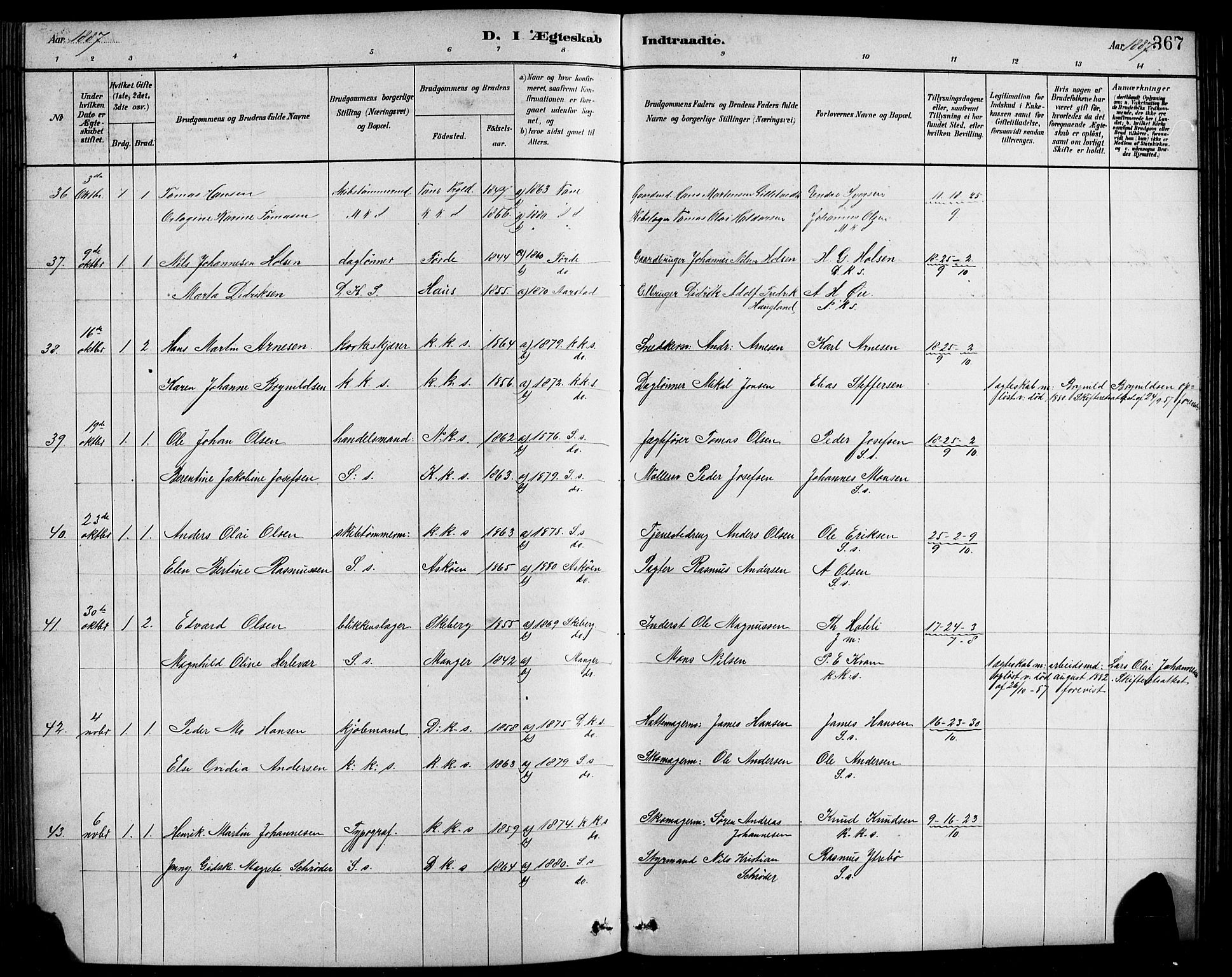 Sandviken Sokneprestembete, AV/SAB-A-77601/H/Hb/L0001: Klokkerbok nr. A 2, 1879-1892, s. 367