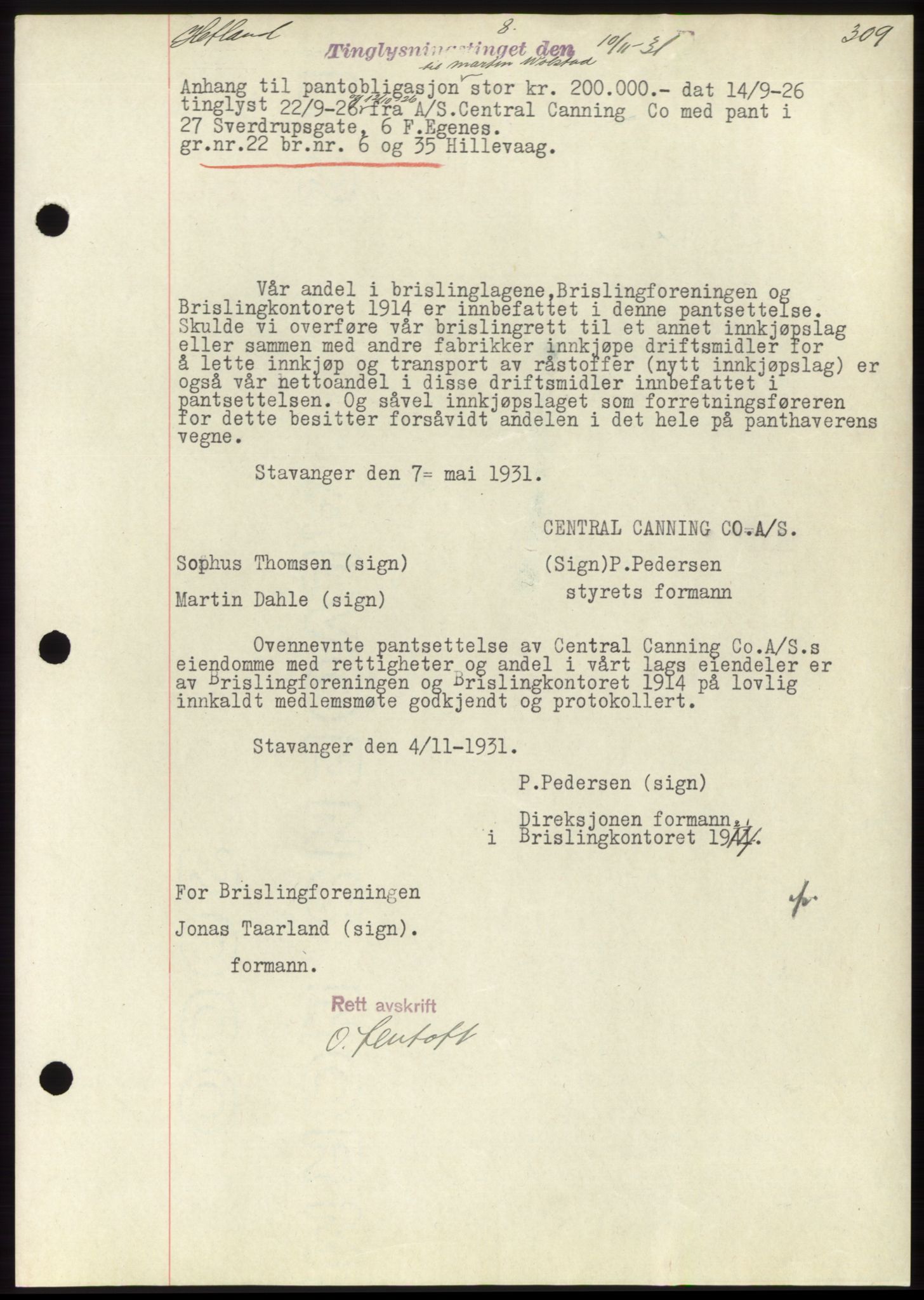 Jæren sorenskriveri, SAST/A-100310/03/G/Gba/L0059: Pantebok nr. 56, 58, 1931-1932, Tingl.dato: 10.11.1931