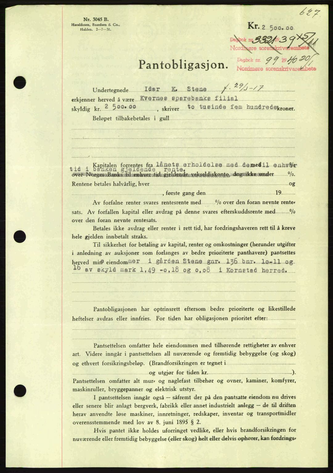 Nordmøre sorenskriveri, AV/SAT-A-4132/1/2/2Ca: Pantebok nr. B86, 1939-1940, Dagboknr: 99/1940