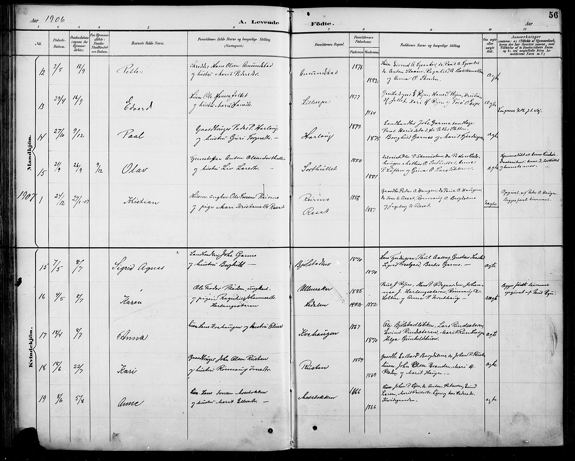 Sel prestekontor, AV/SAH-PREST-074/H/Ha/Hab/L0005: Klokkerbok nr. 5, 1894-1923, s. 56