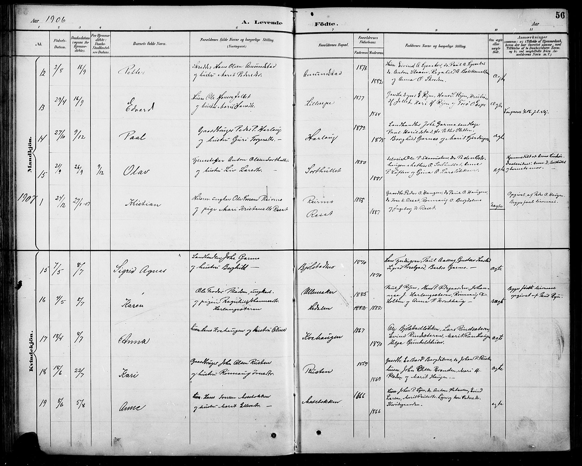 Sel prestekontor, SAH/PREST-074/H/Ha/Hab/L0005: Klokkerbok nr. 5, 1894-1923, s. 56