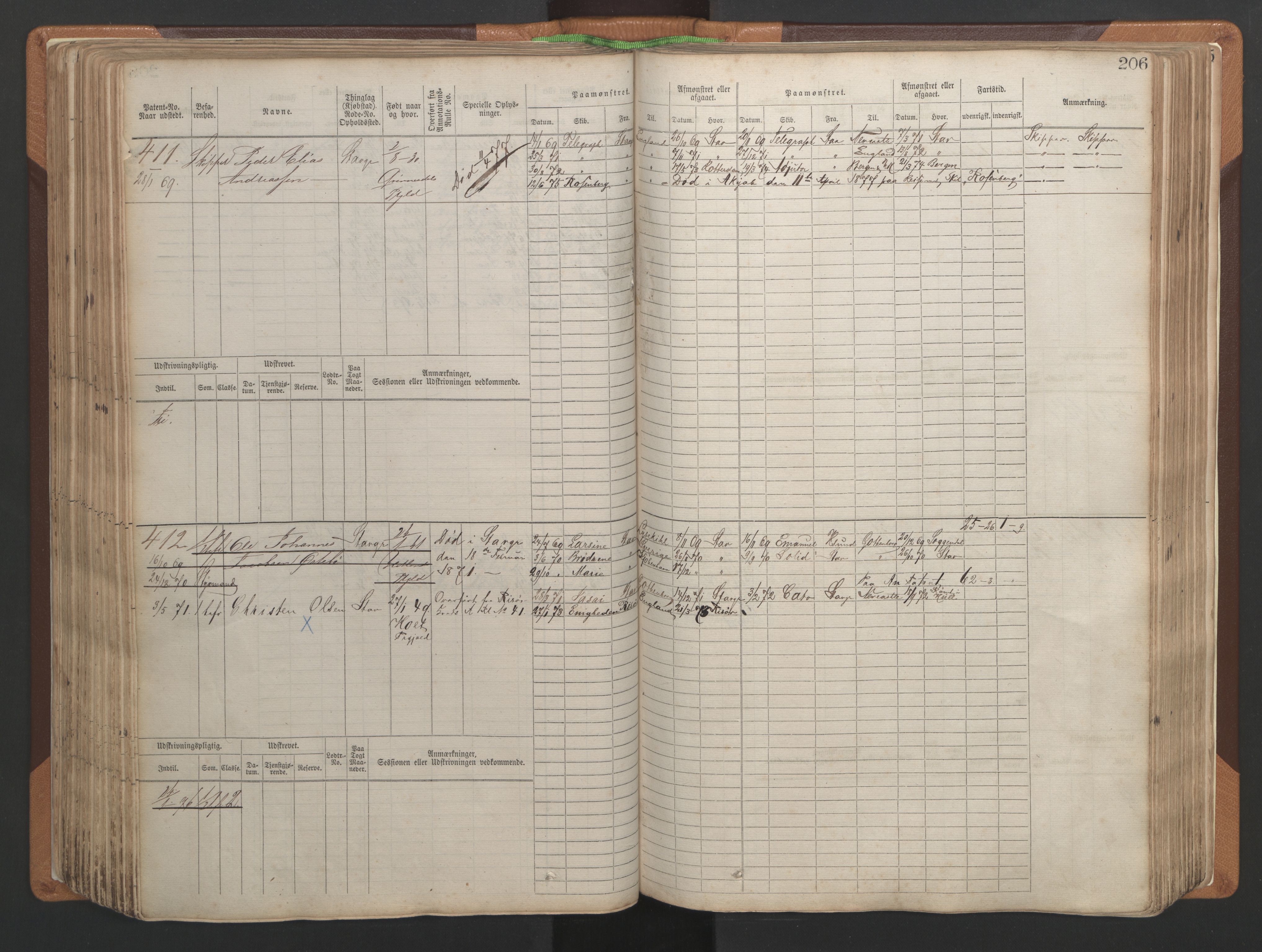 Stavanger sjømannskontor, AV/SAST-A-102006/F/Fb/Fbb/L0004: Sjøfartshovedrulle, patentnr. 1-792 (del 1), 1869-1880, s. 210