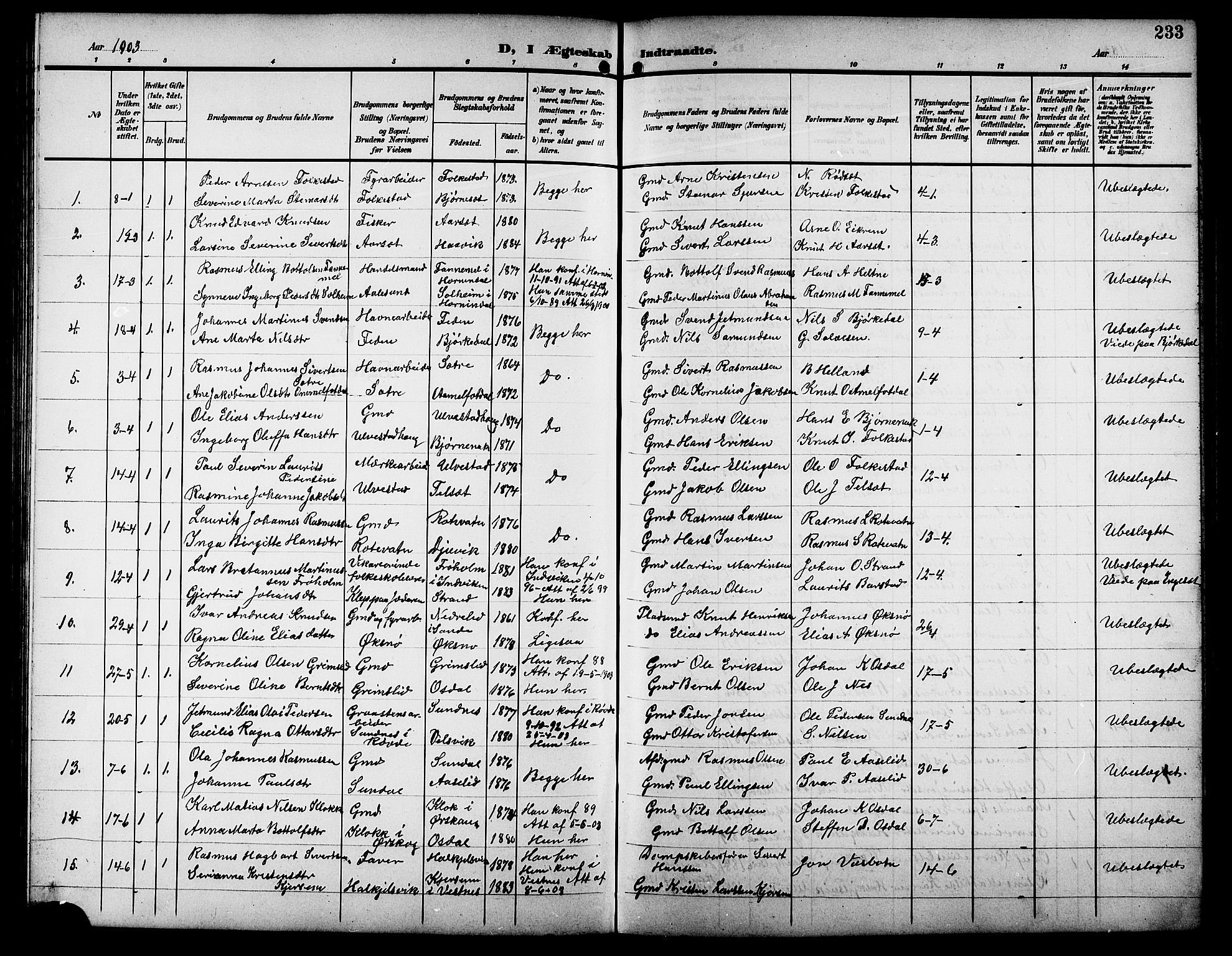 Ministerialprotokoller, klokkerbøker og fødselsregistre - Møre og Romsdal, AV/SAT-A-1454/511/L0159: Klokkerbok nr. 511C05, 1902-1920, s. 233