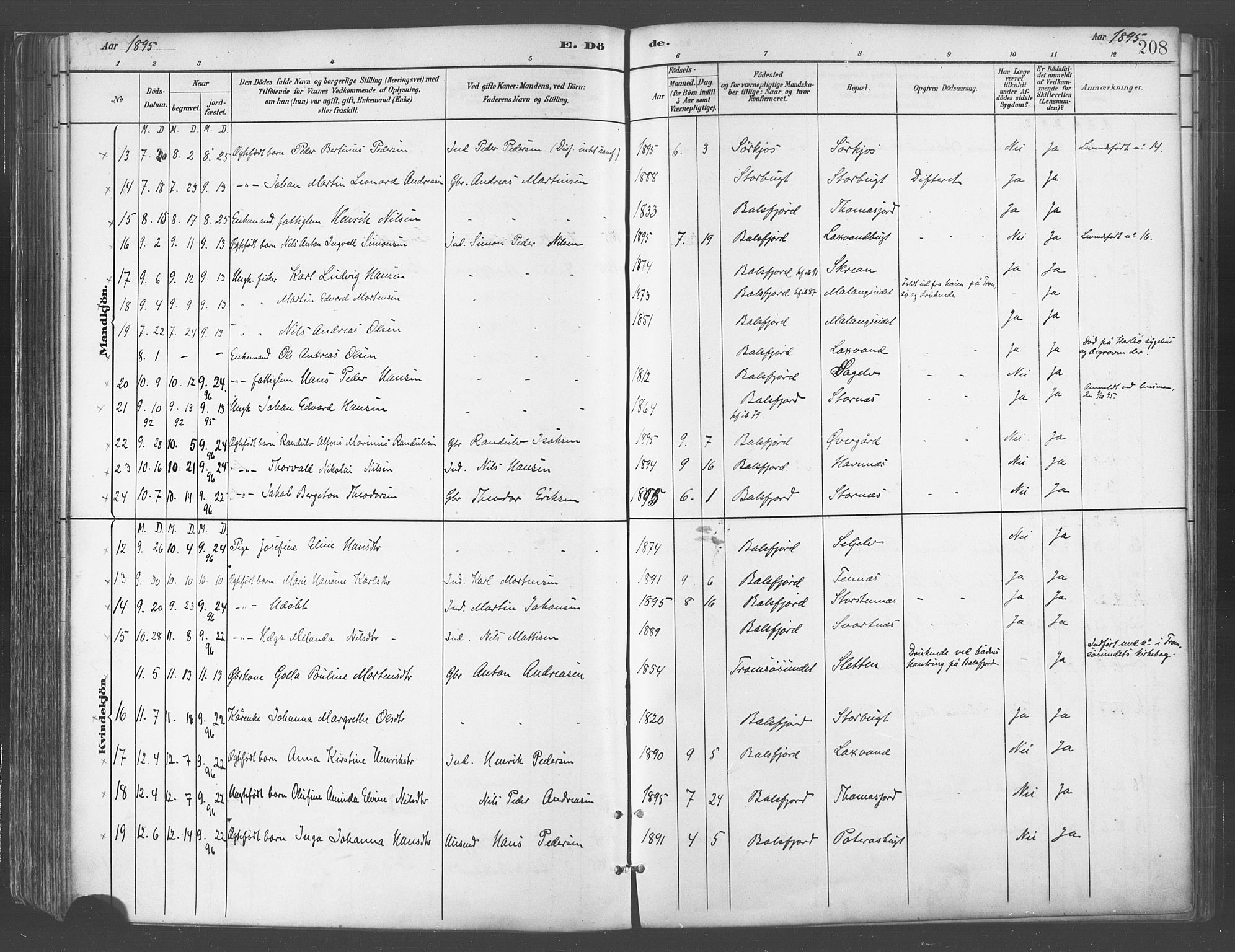 Balsfjord sokneprestembete, AV/SATØ-S-1303/G/Gaa/L0005kirke: Ministerialbok nr. 5, 1884-1897, s. 208