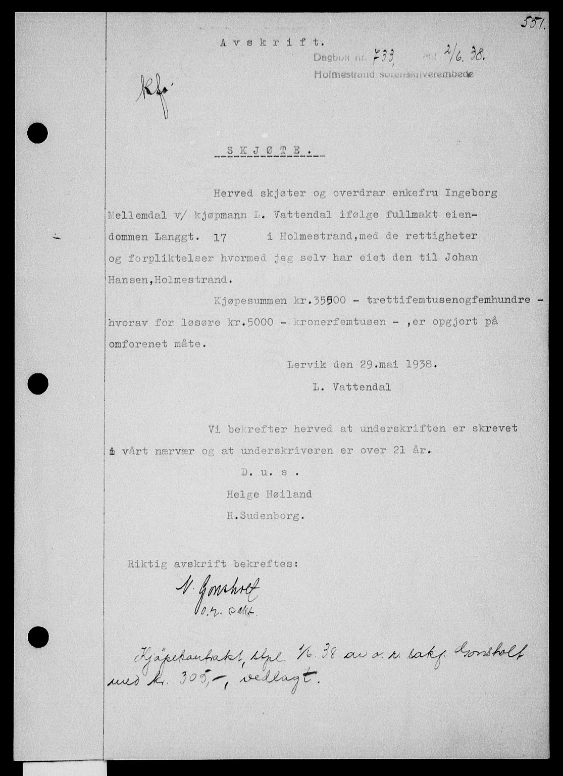 Holmestrand sorenskriveri, SAKO/A-67/G/Ga/Gaa/L0049: Pantebok nr. A-49, 1937-1938, Dagboknr: 733/1938