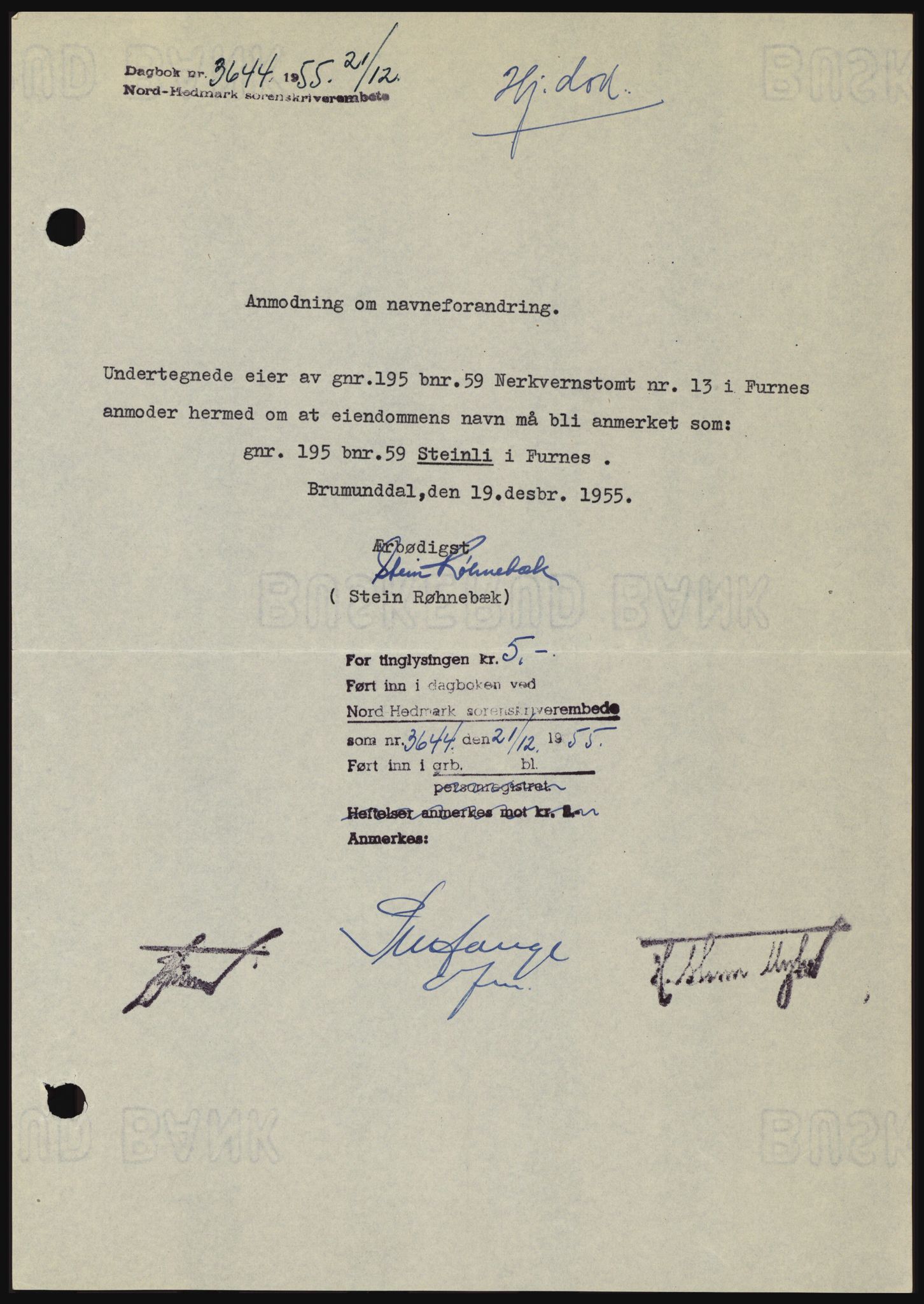 Nord-Hedmark sorenskriveri, SAH/TING-012/H/Hc/L0010: Pantebok nr. 10, 1955-1956, Dagboknr: 3644/1955