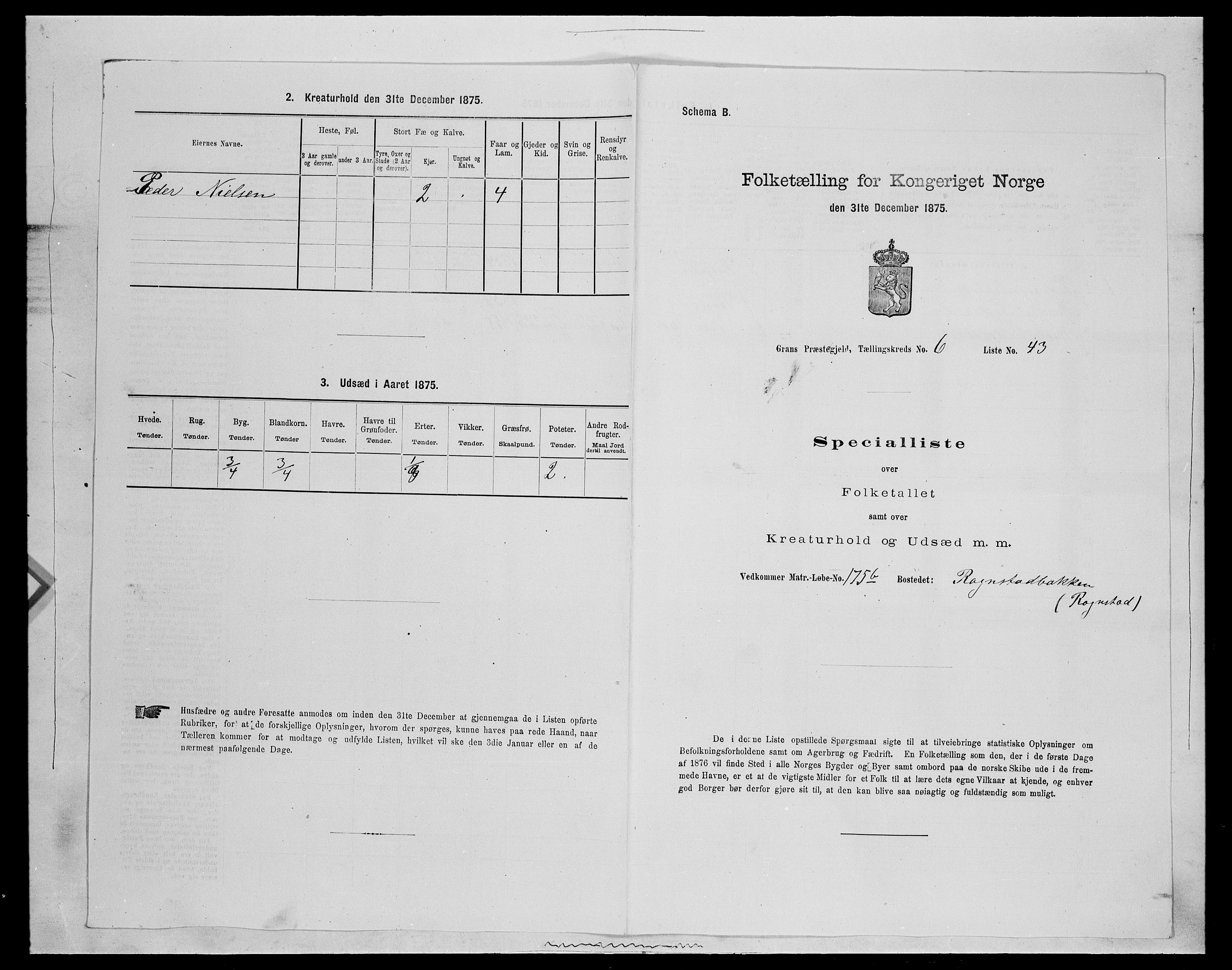 SAH, Folketelling 1875 for 0534P Gran prestegjeld, 1875, s. 1105